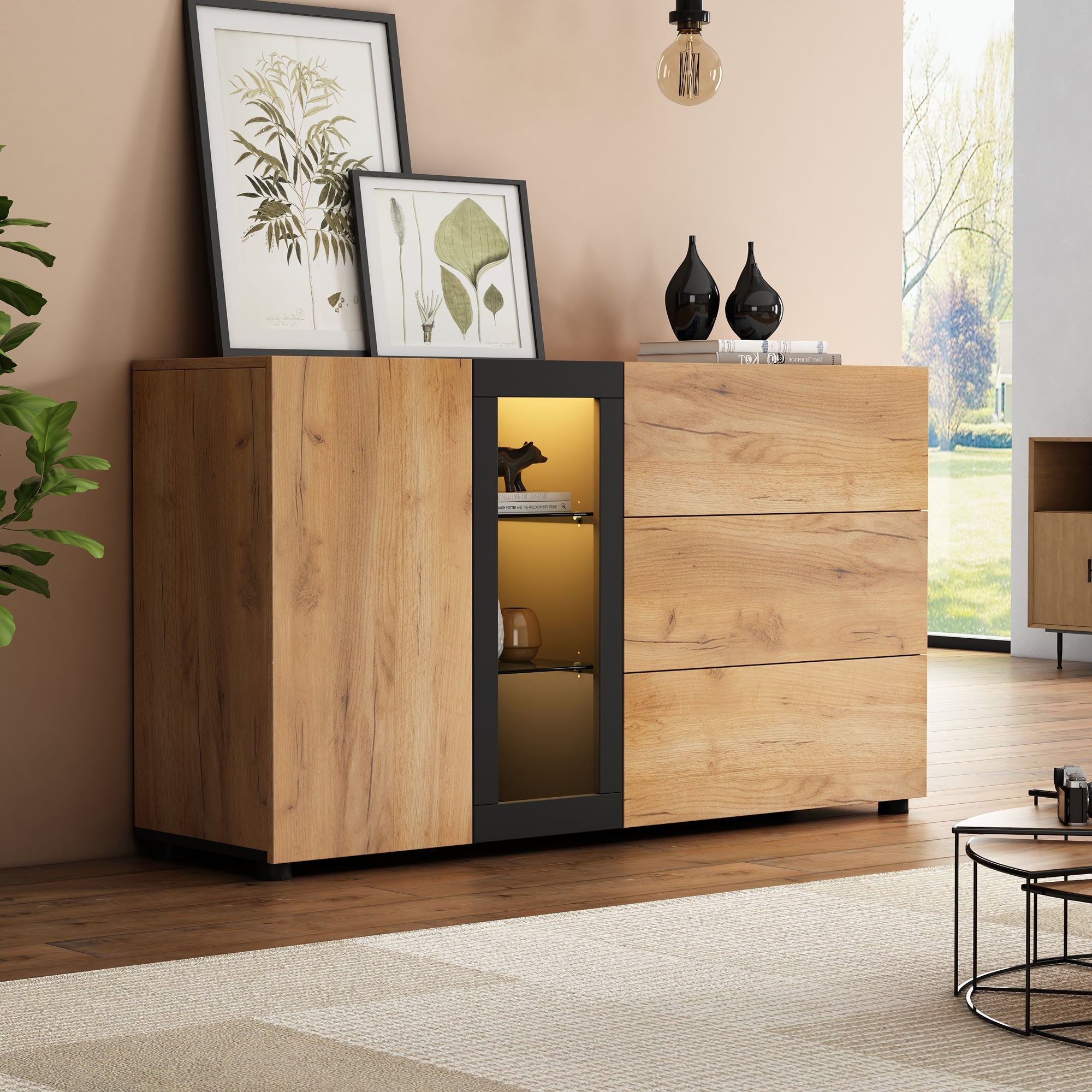 Modern Sideboard Side Cabinet Buffet with 3 Drawers Glass for Living Room