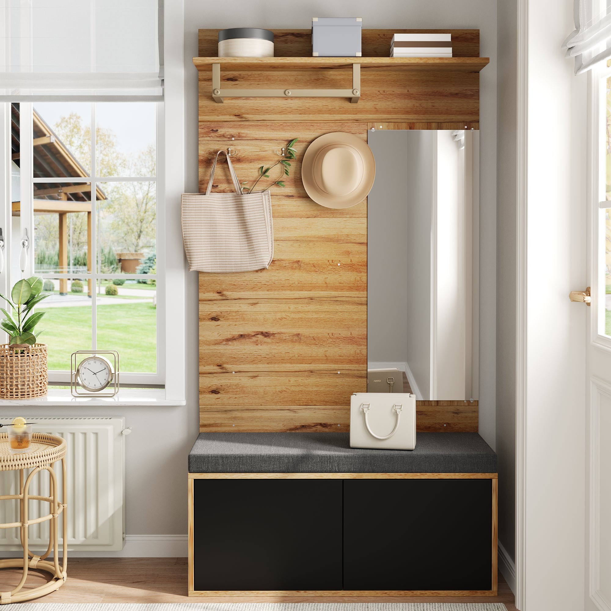 Wardrobe Set Compact Hallway Unit with Mirror, Cushions, and Shoe Cabinet, 100x190x38 cm