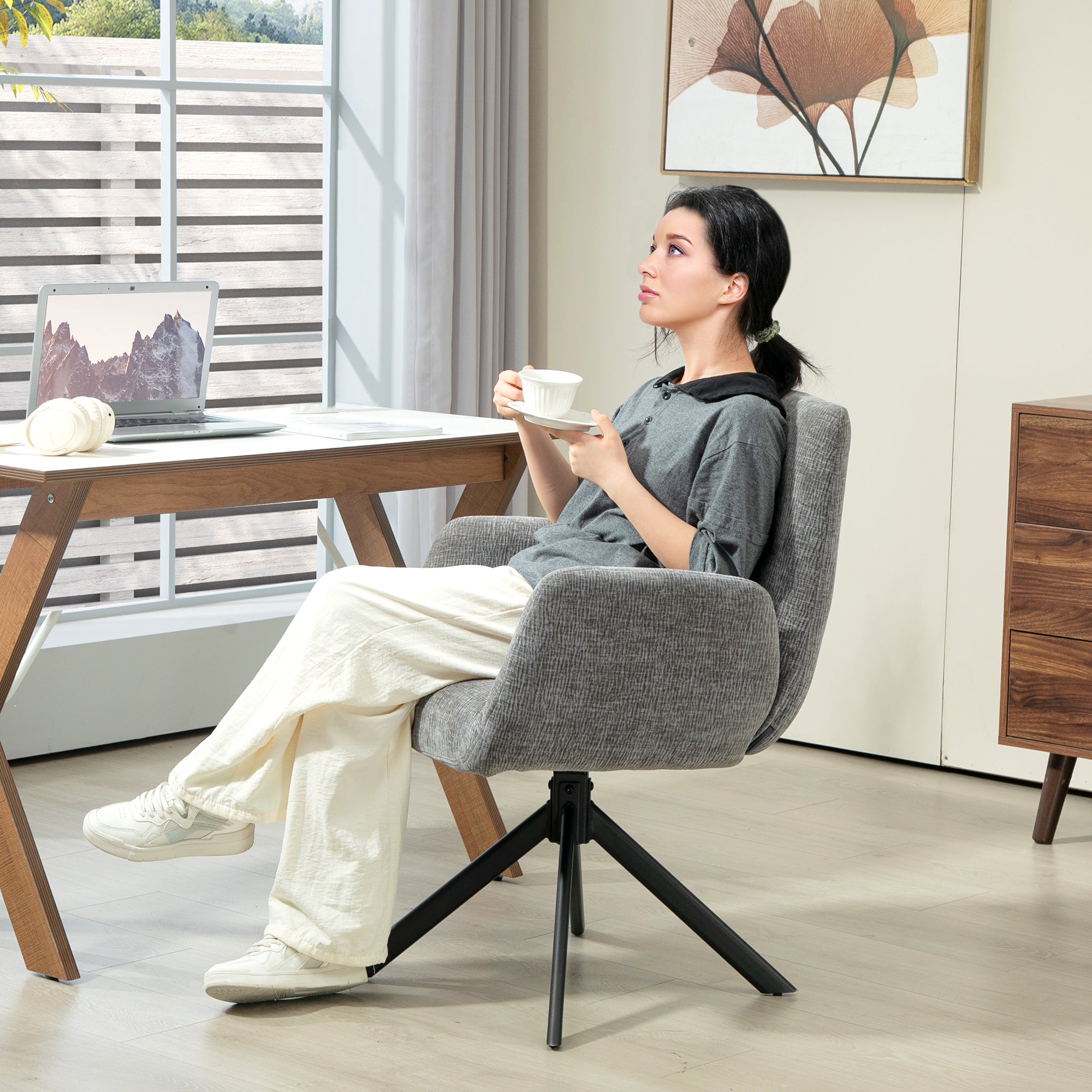 Swivel Lounge Chair, Upholstered with Button Stitching, Dark Grey Wool-Linen