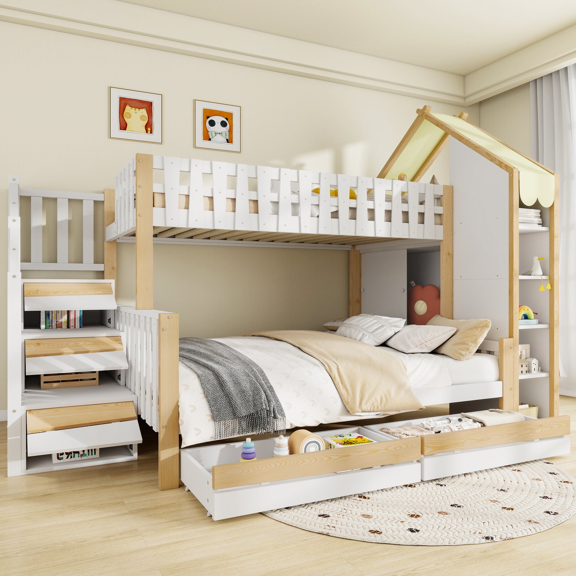Bunk Bed, 90x200cm + 140x200cm, Storage Ladder, 2 Drawers, White + Natural