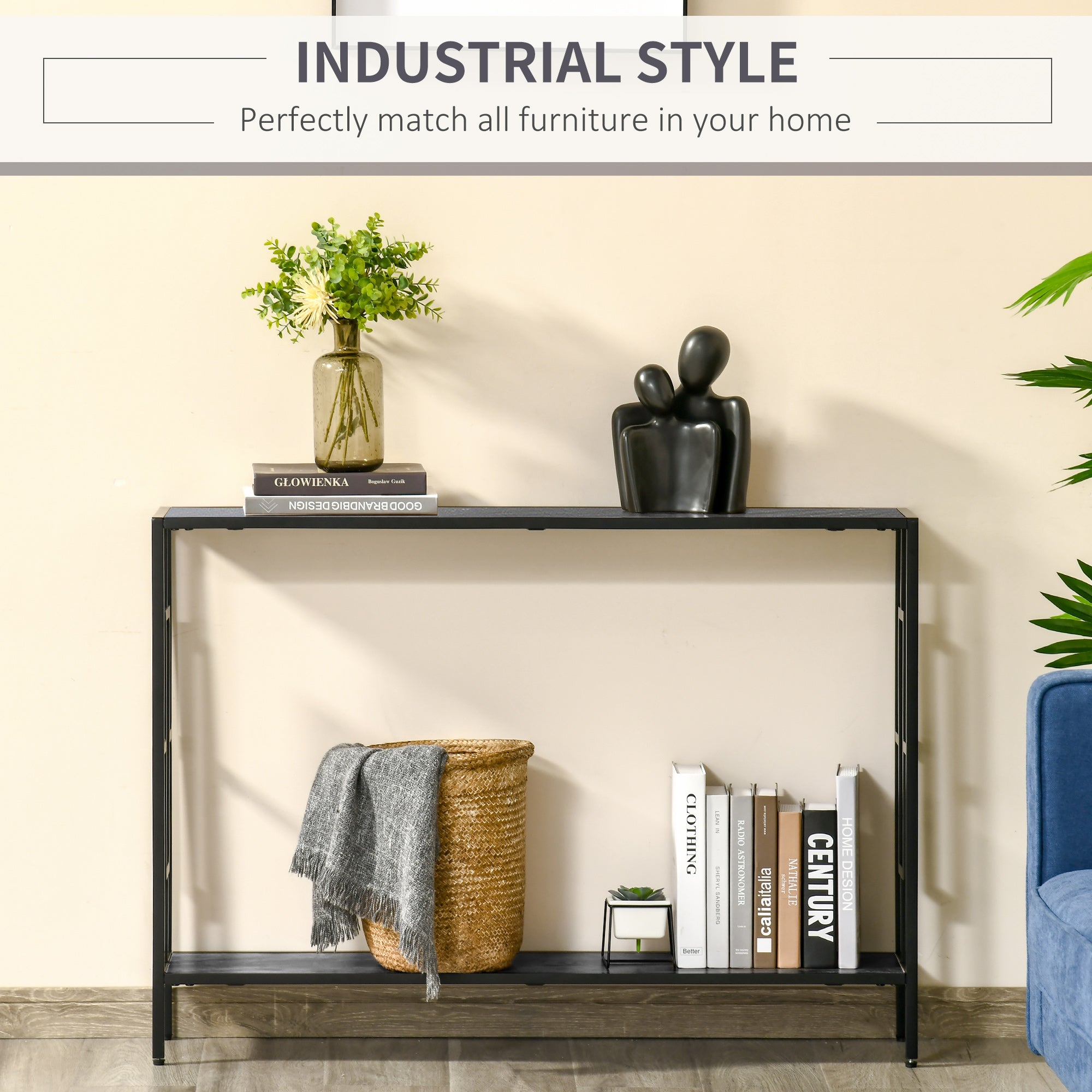 Industrial Console Table, Storage Shelf Narrow Hallway Dressing Desk Metal Frame, Grey and Black