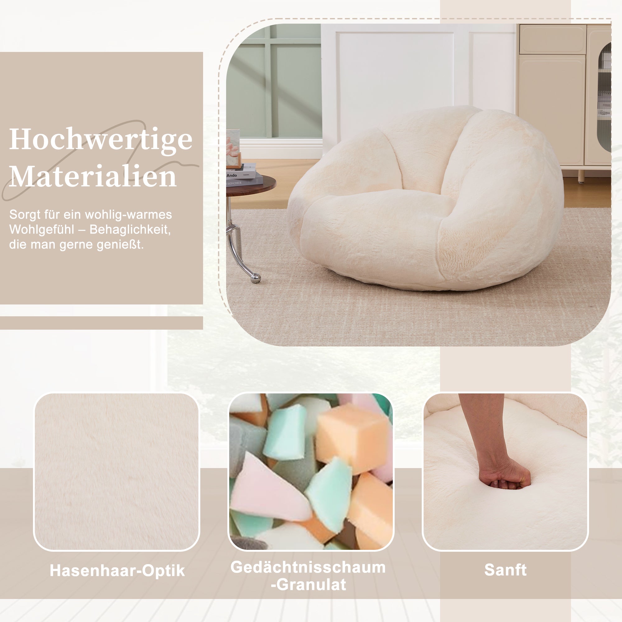 Soft Plush Beanbag Sofa with Non-Slip Base and Memory Foam, White Artificial Rabbit Fur