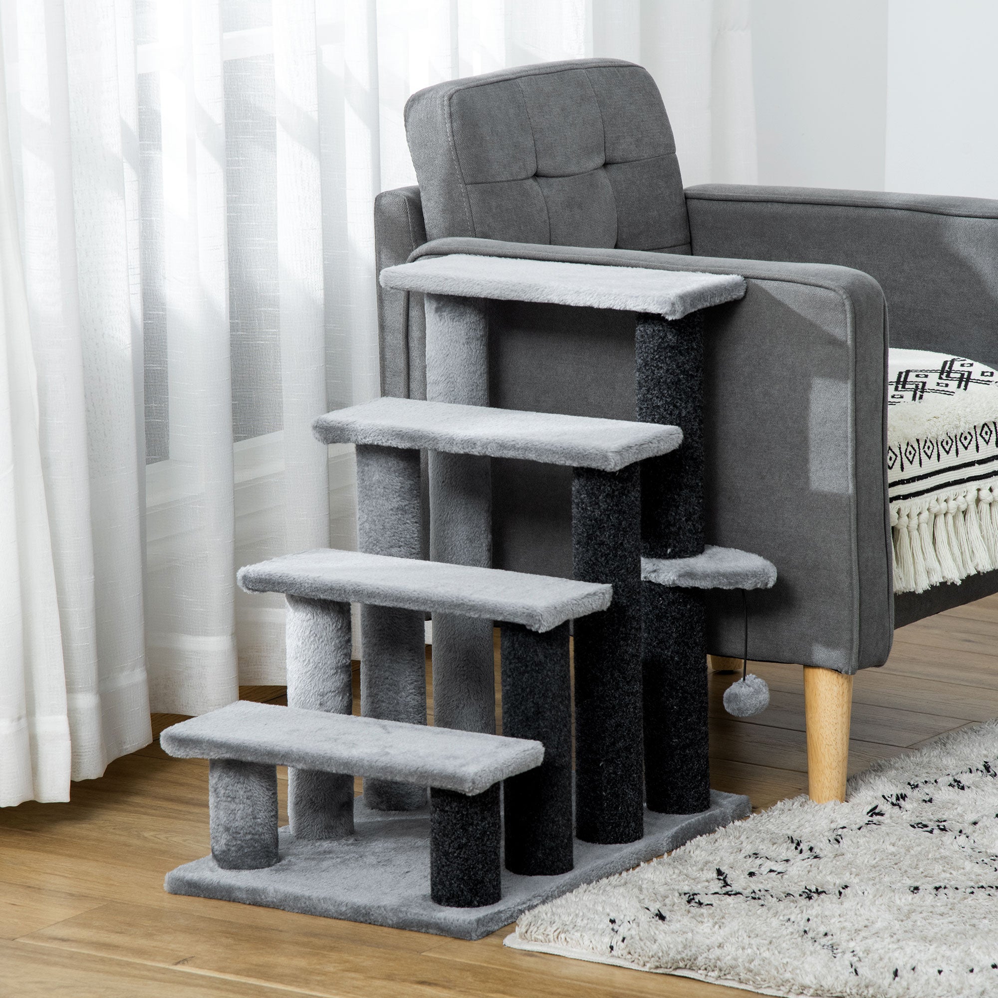 Cat Stairs, 64cm 4 Steps with Play Ball, Jute and Plush, Grey