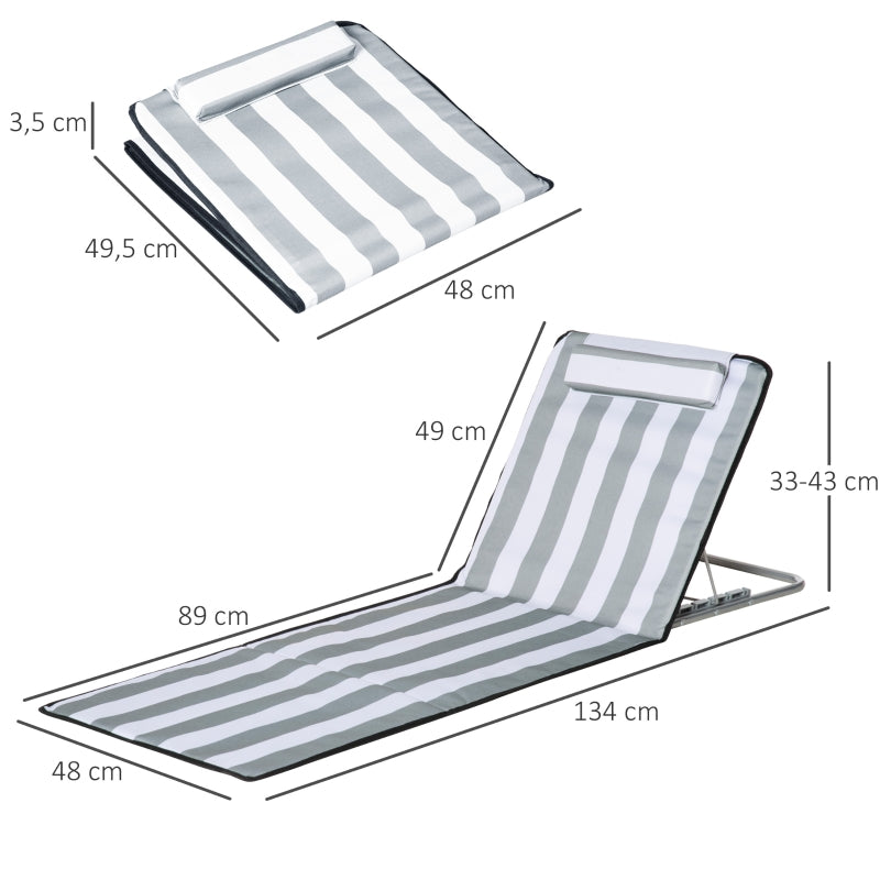 Folding Sun Lounger Adjustable Backrest Headrest Carrying Bag - Light Grey