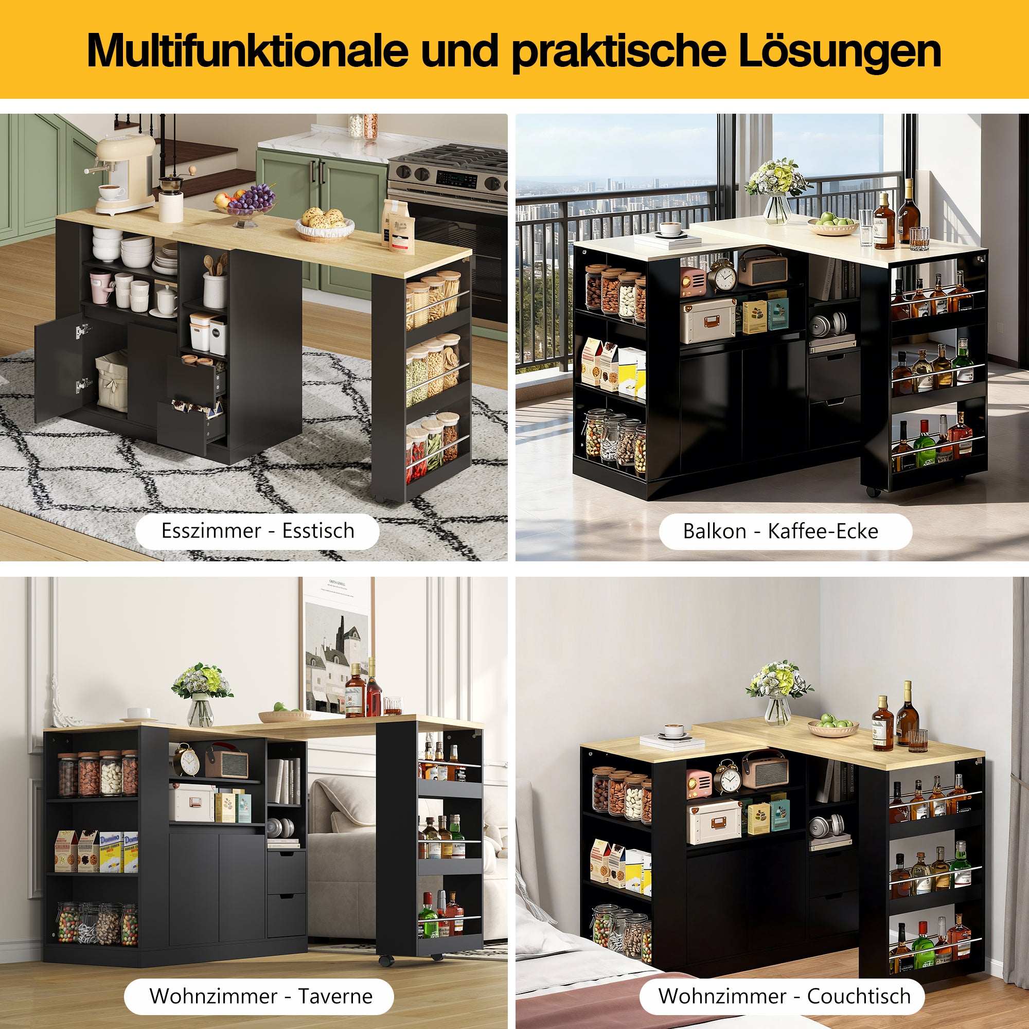 Kitchen Island with Extendable Worktop and Storage Drawers, Wood Look