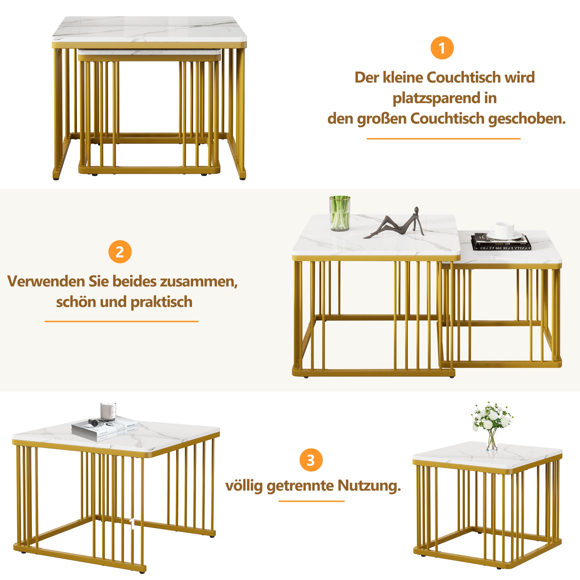 Nesting Coffee Tables Set of 2 Square Marble-Effect High-Gloss - Gold Legs