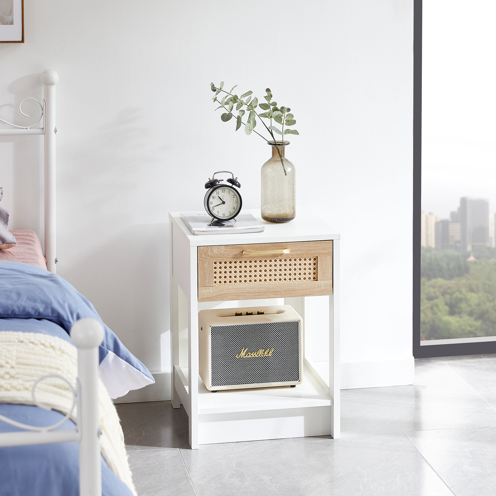 Rattan Side/Bedside Table with Drawer Modern - White