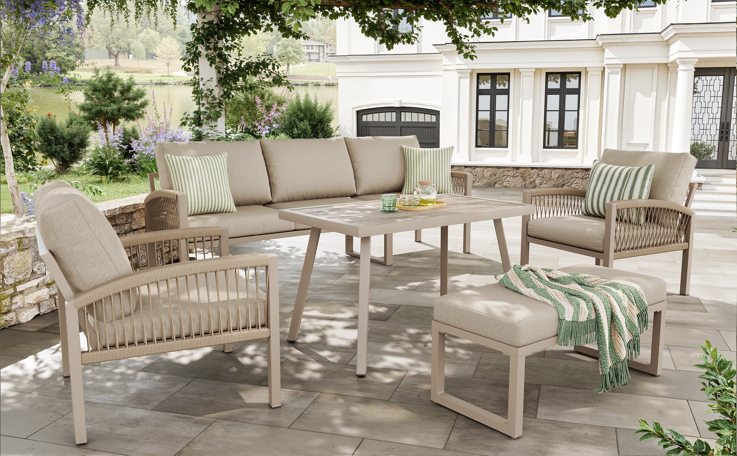 Handwoven Garden Sofa Set 7-Seater with Table 2 Armchairs Weatherproof - Beige/Iron Frame