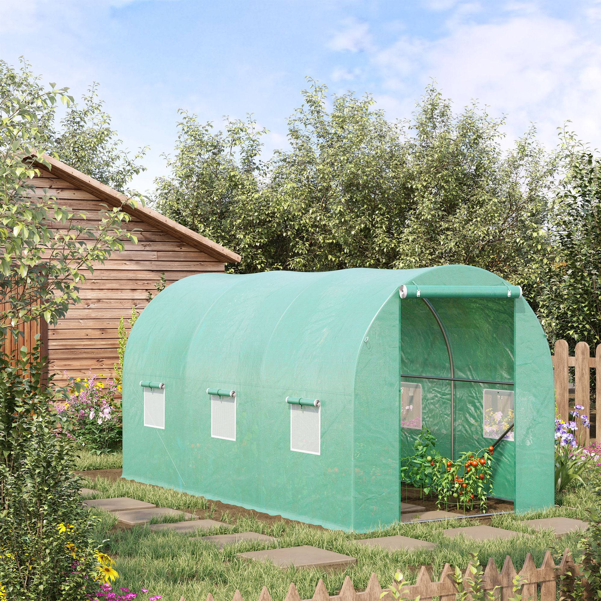Polytunnel Tomato Greenhouse, 6 Mesh Windows Round Arched, Green