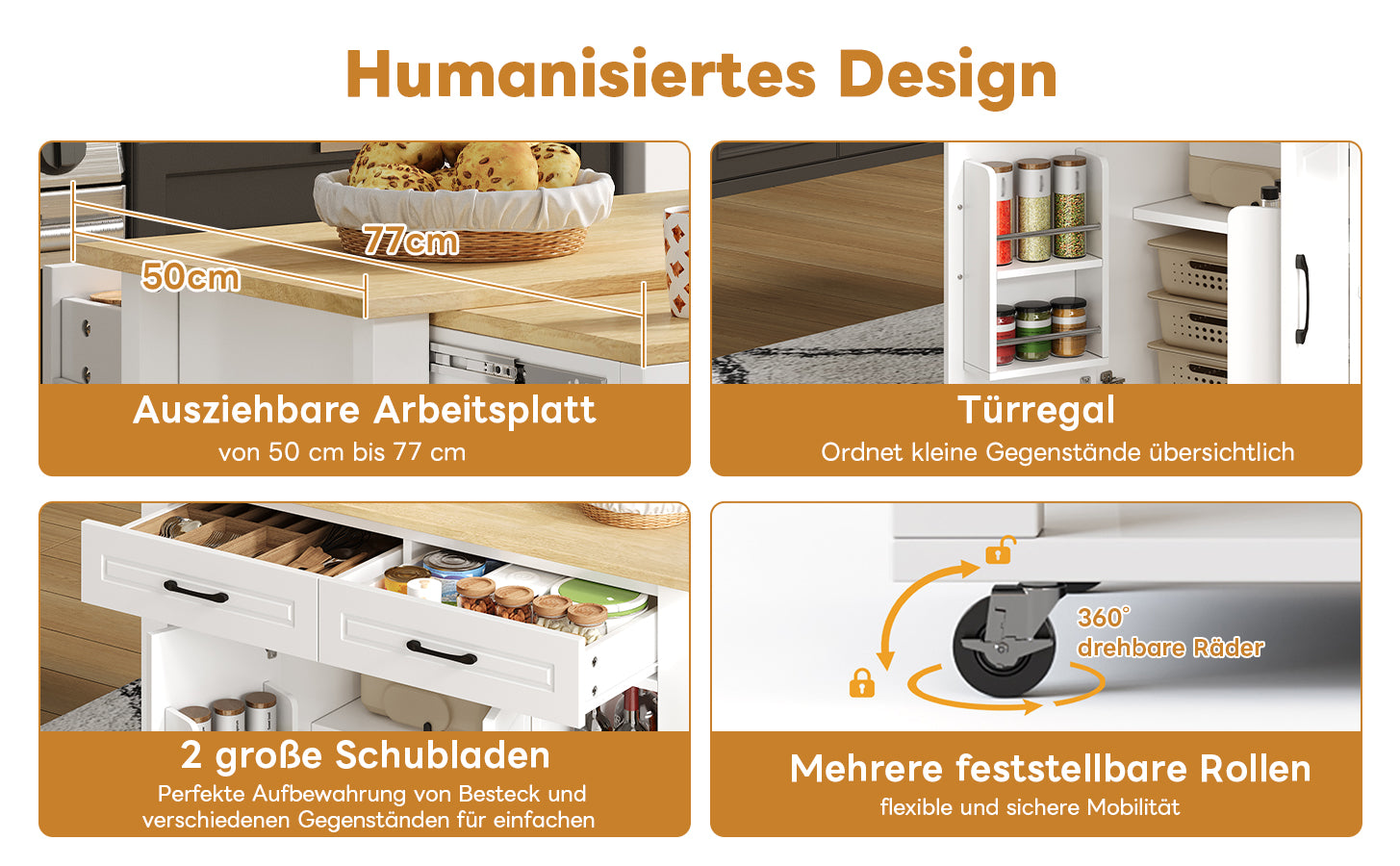 Mobile Kitchen Island with Power Outlets and Extendable Bar Counter, Wood Look