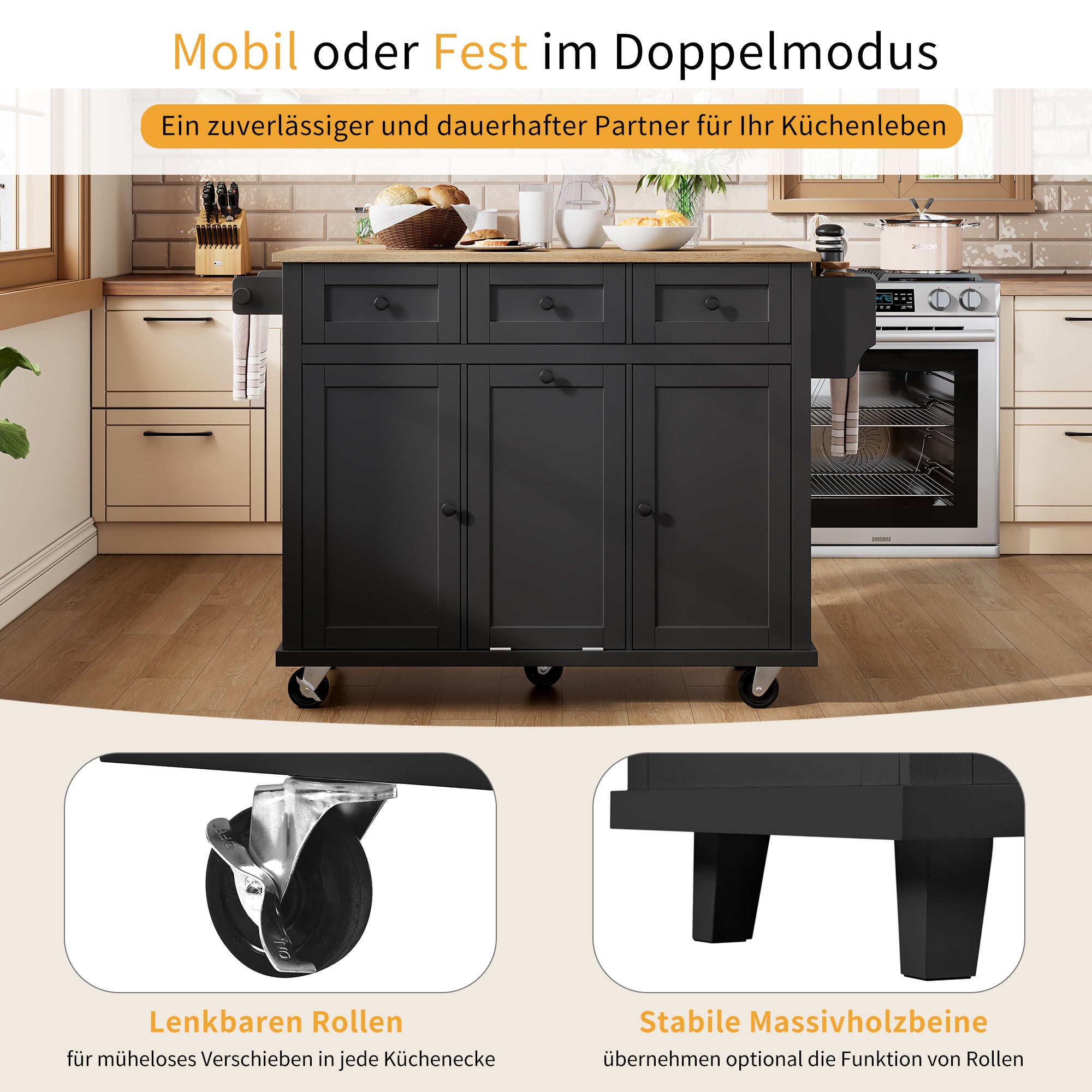 Mobile Kitchen Island Extendable Dining Area Waste Bin & Drawers - Black