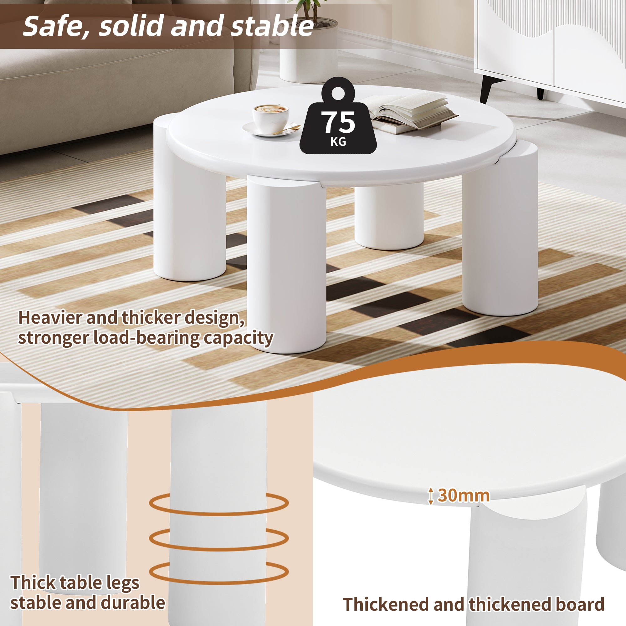 White Cloud Coffee Table, Modern Round Edge with 4 Sturdy Support Legs, Small, White