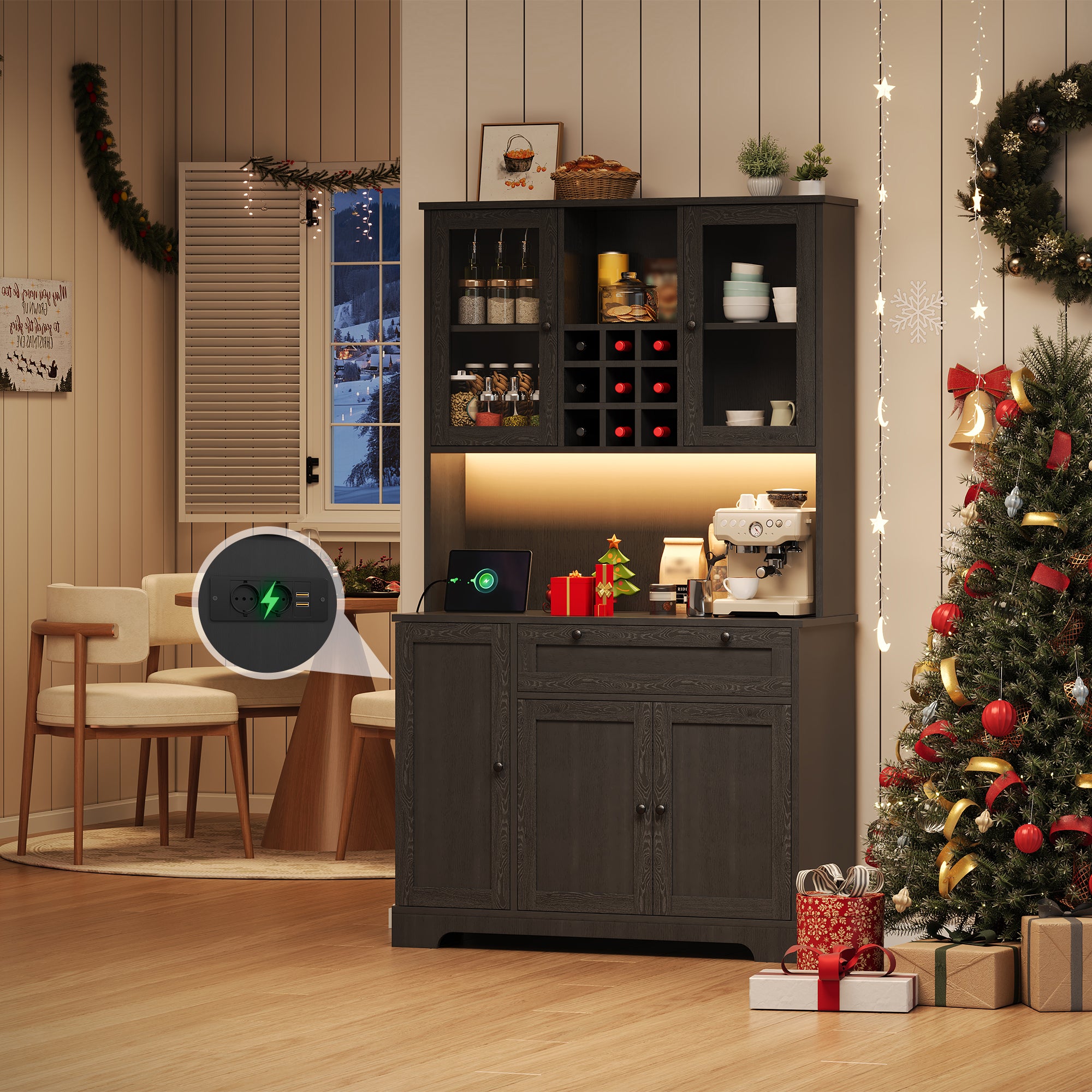 Kitchen Cabinet with LED Lighting, Power Outlet and Spice Rack, 180 x 105 x 40 cm