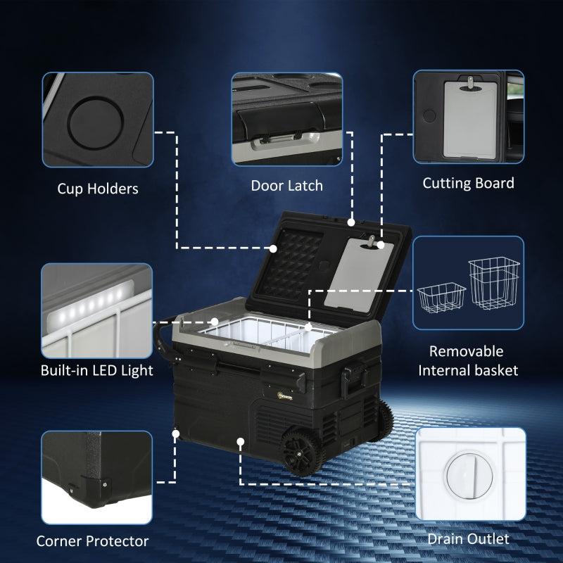 40L Car Refrigerator, Portable Compressor Cooler Box Fridge Freezer with LED Light, Foldable Handles, Cup Holders, 12/24V DC and 110-240V AC