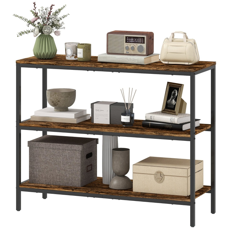 Console Table with 3-tier Shelf, Chipboard and Metal, Light Brown