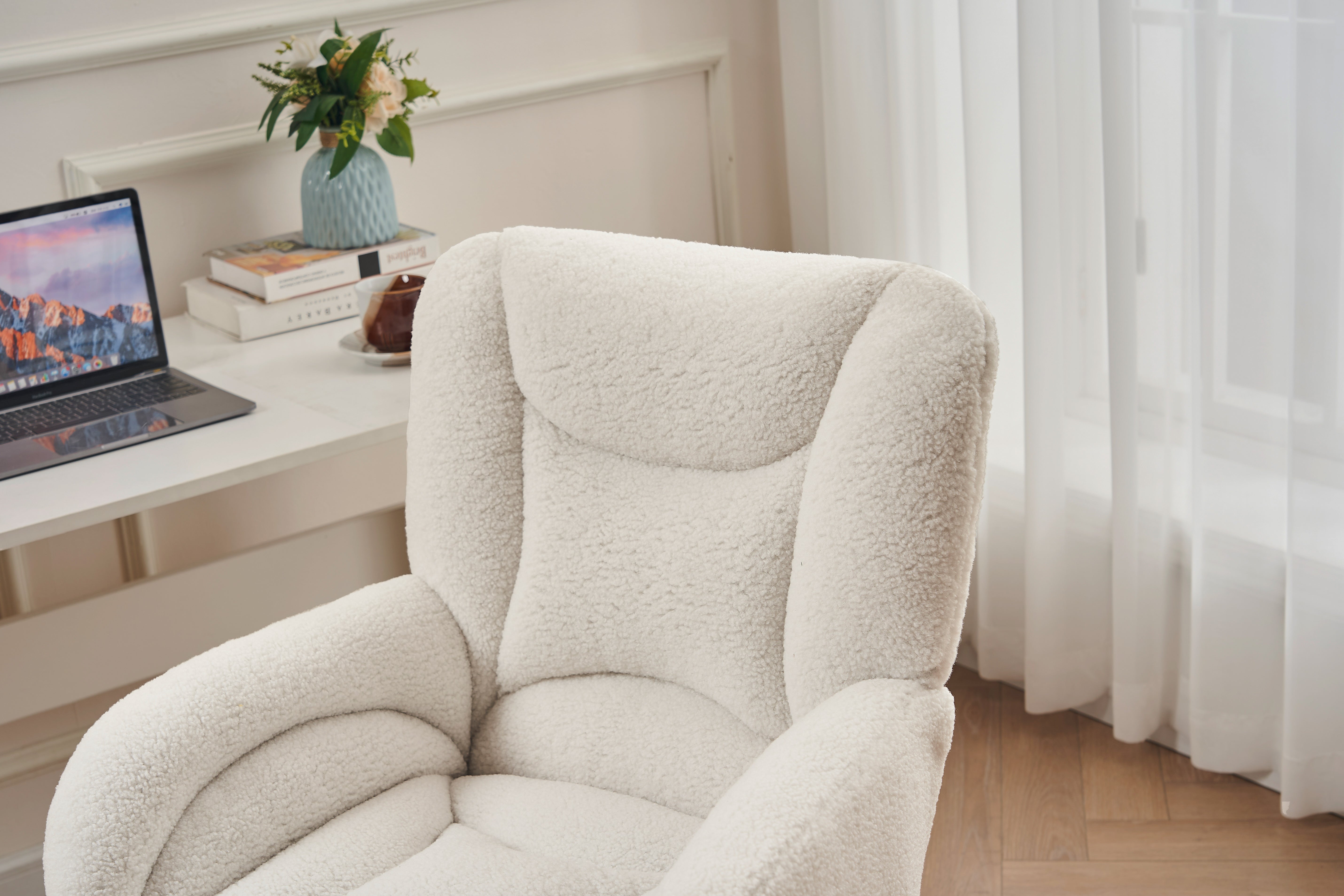 Swivel Chair Height-Adjustable Gold Legs - White Teddy Fabric