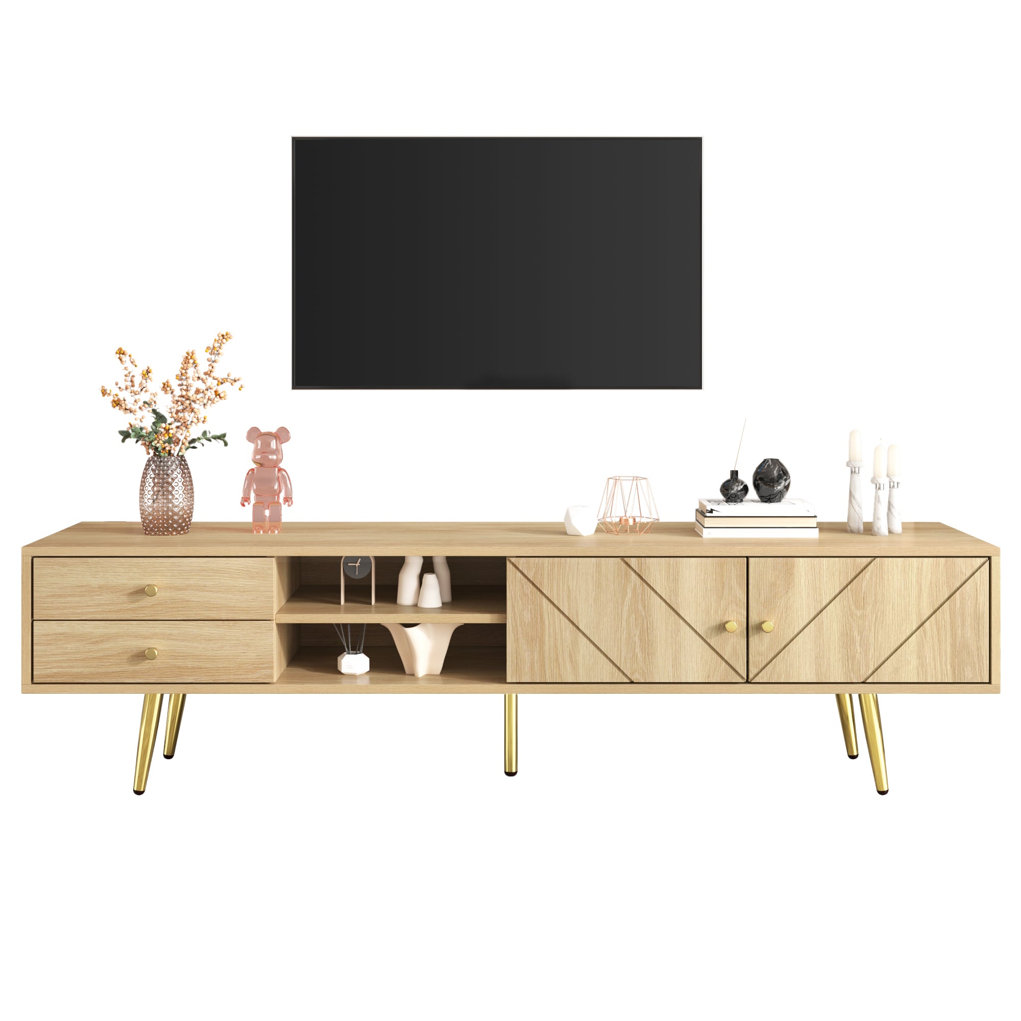 TV Cabinet 160cm, Gold Feet, Two Drawers, Unique Doors