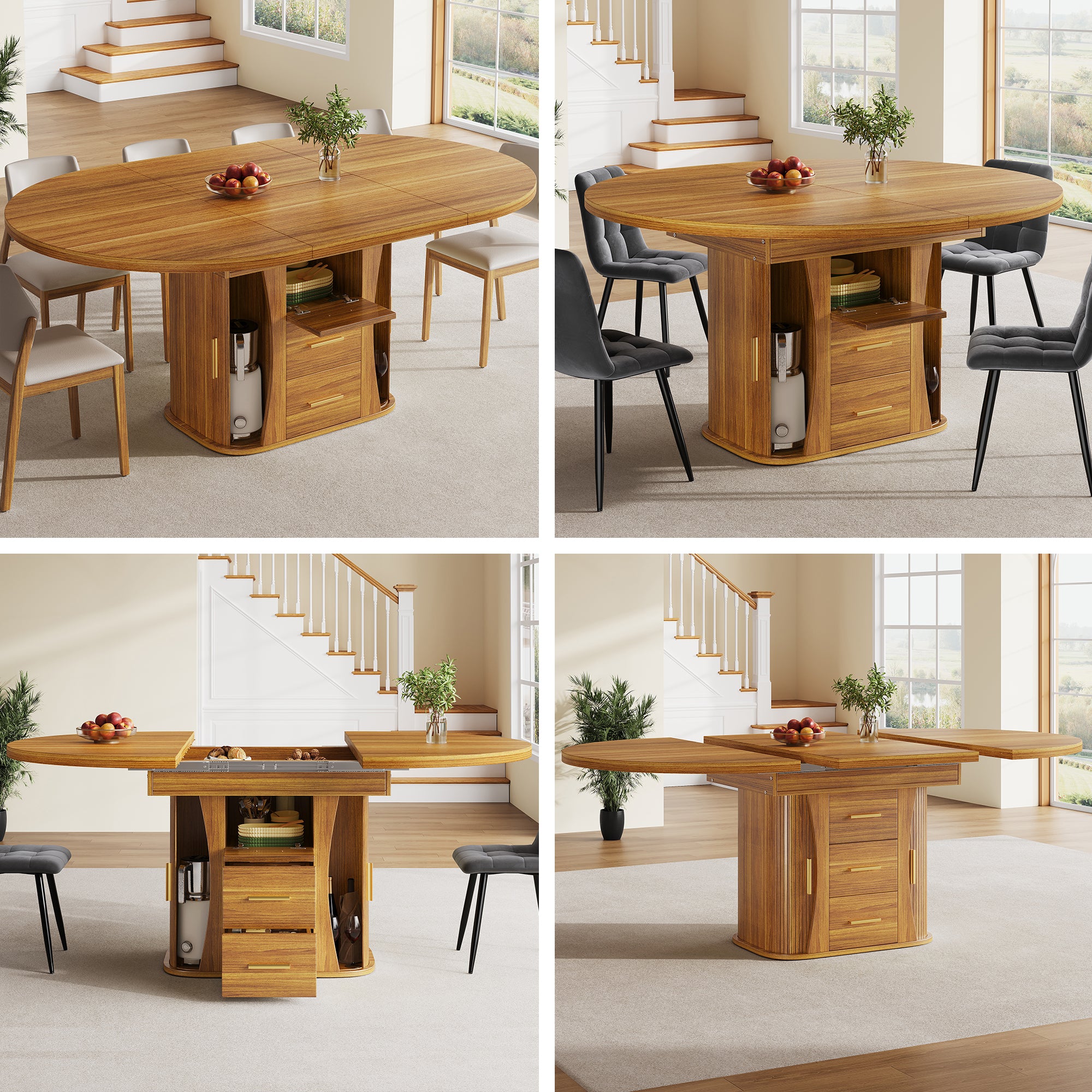 Round Dining Table to Oval with Three-Tier Storage, 118-158 cm, Walnut