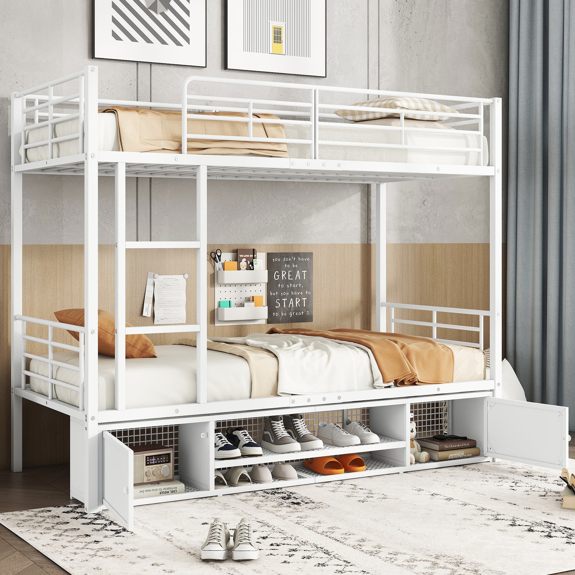 Iron Bunk Bed with Storage, Ladder, and Safety Rail, 90x200cm White