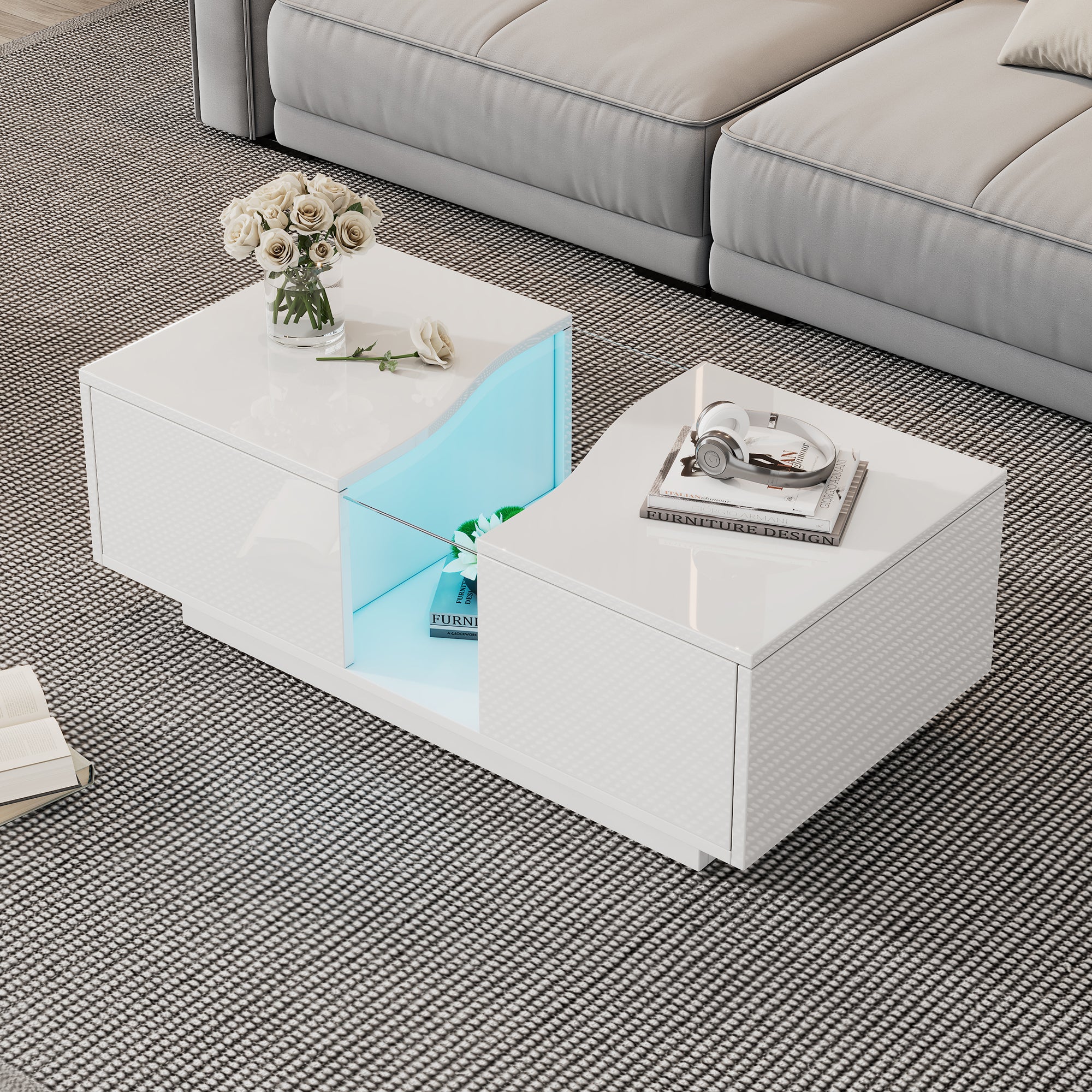 Led Coffee Table with 2 Drawer Storage, High Gloss with 16-Color Led Lights, White