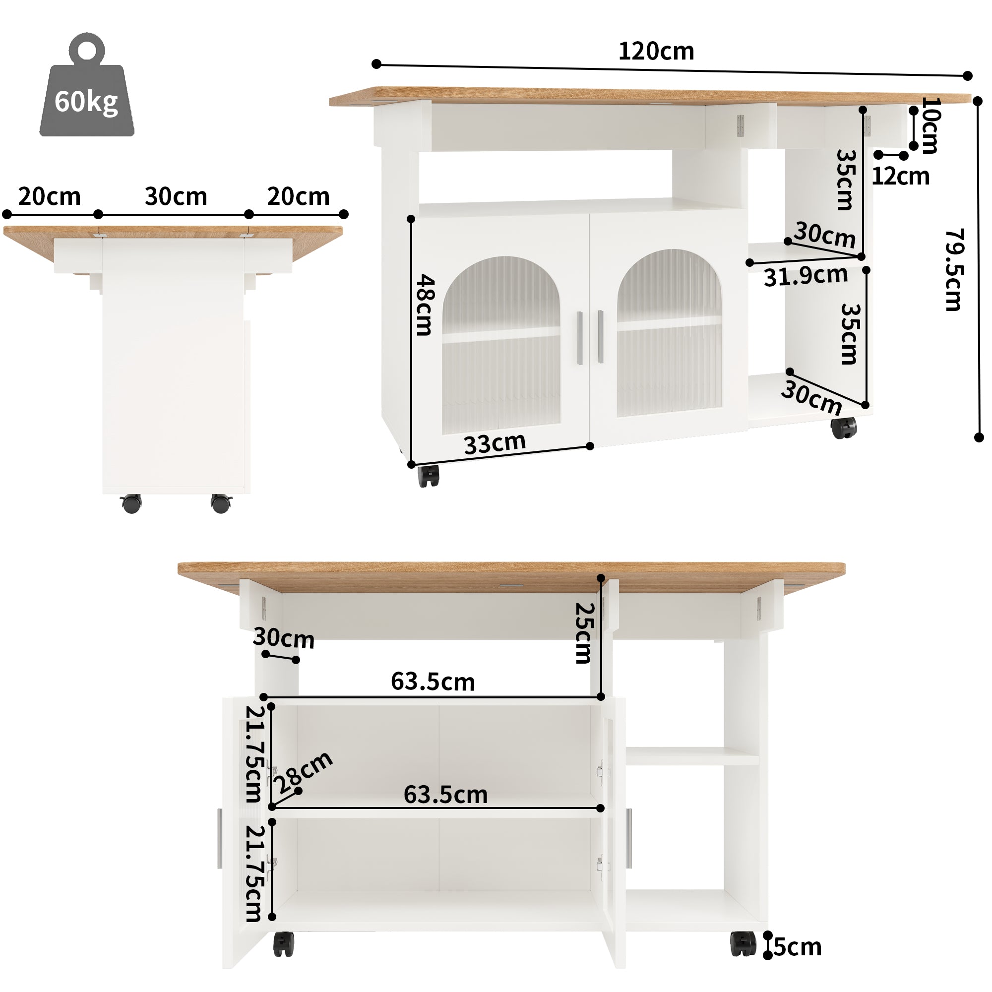 Kitchen Island Dining Cart - Multifunctional Storage, Removable - White Wood Grain
