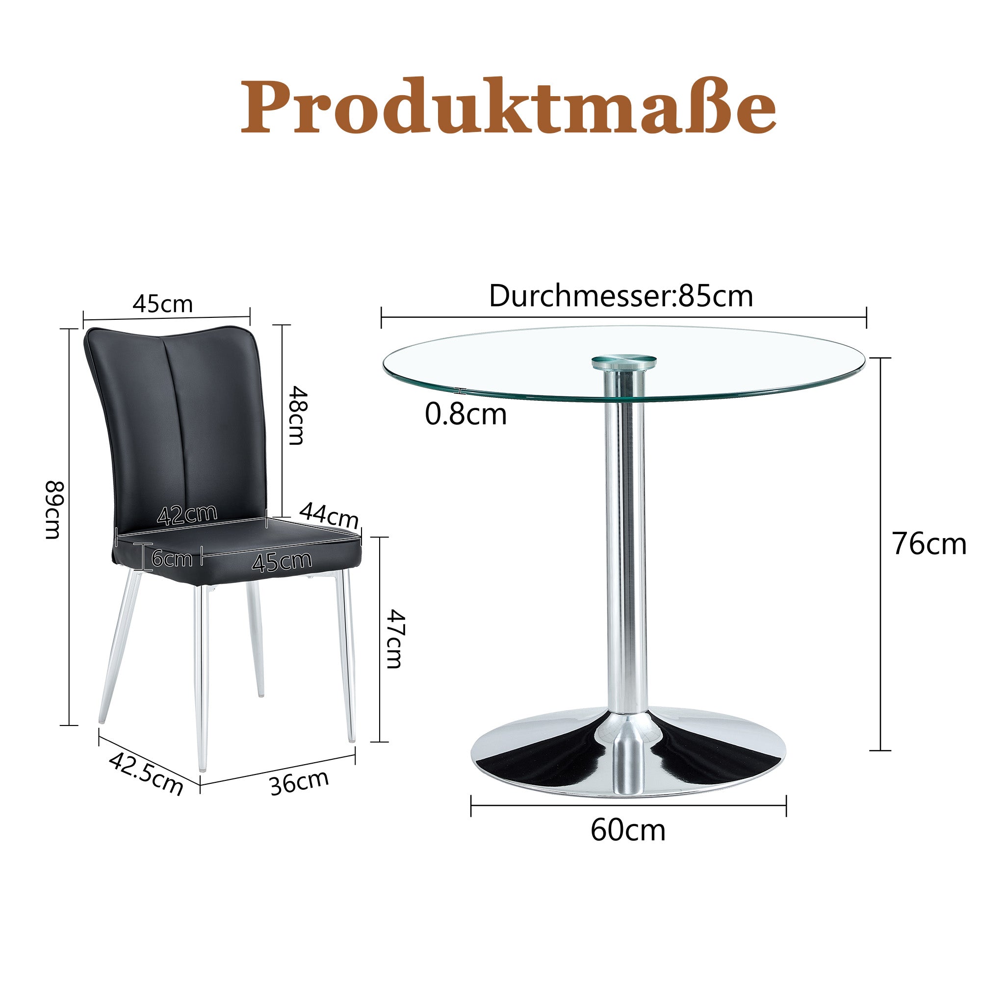 Dining Table Set, 85 cm Tempered Glass Table with 2 Chairs, Black PU