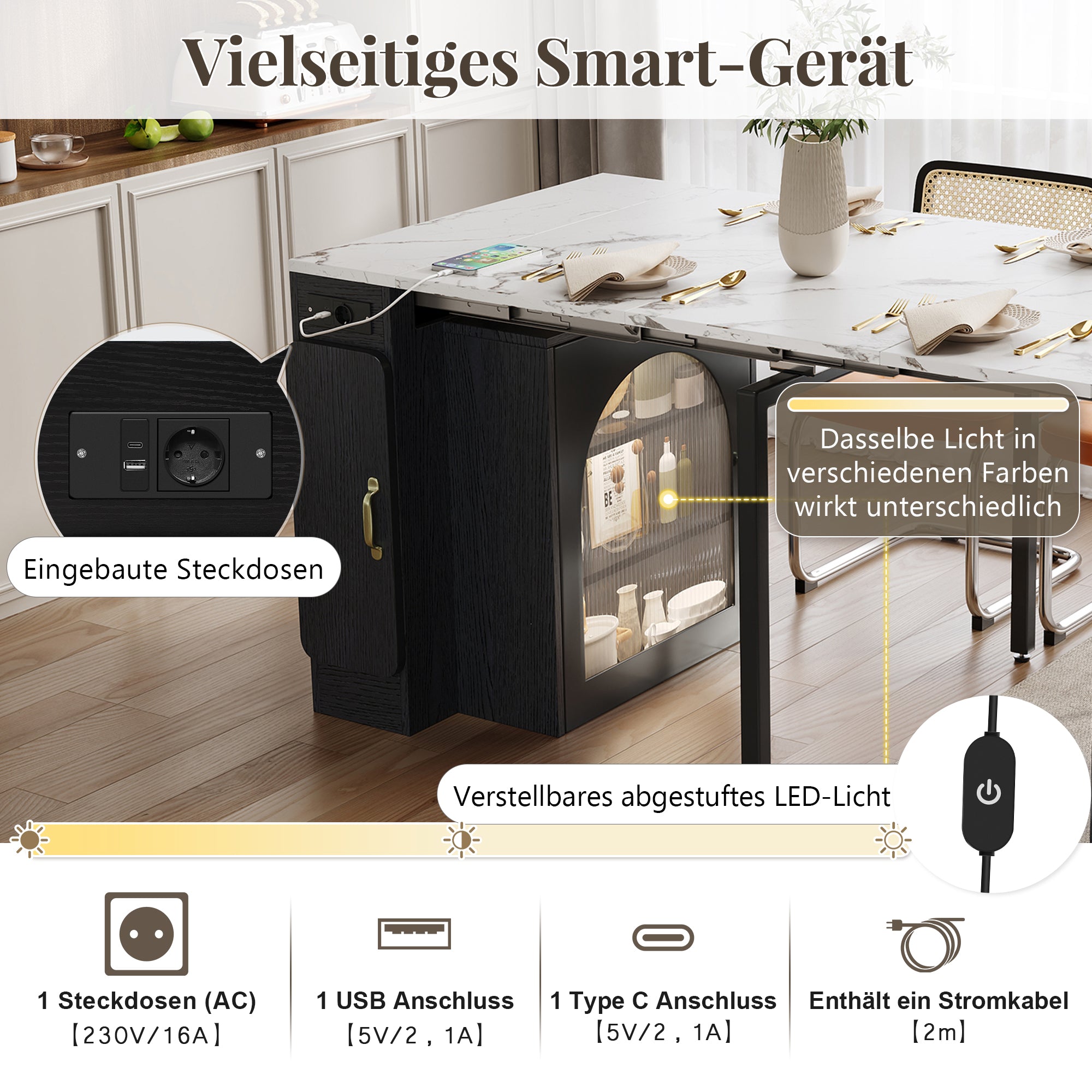 Kitchen Island, Extendable Mobile Serving Cart with Wheels, Black