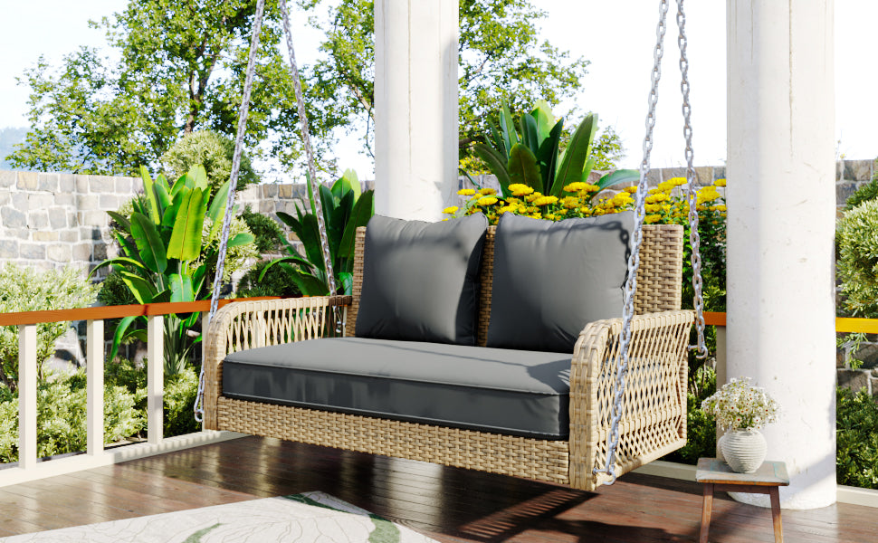 Hollywood Swing 2-Seater Outdoor Rattan, Beige/Grey Cushion
