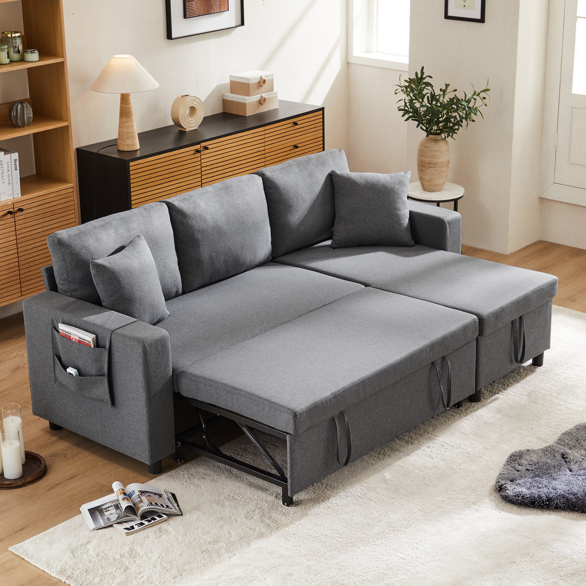 Sleeper Sofa L-Shaped Chaise Longue Storage Pocket Reversible