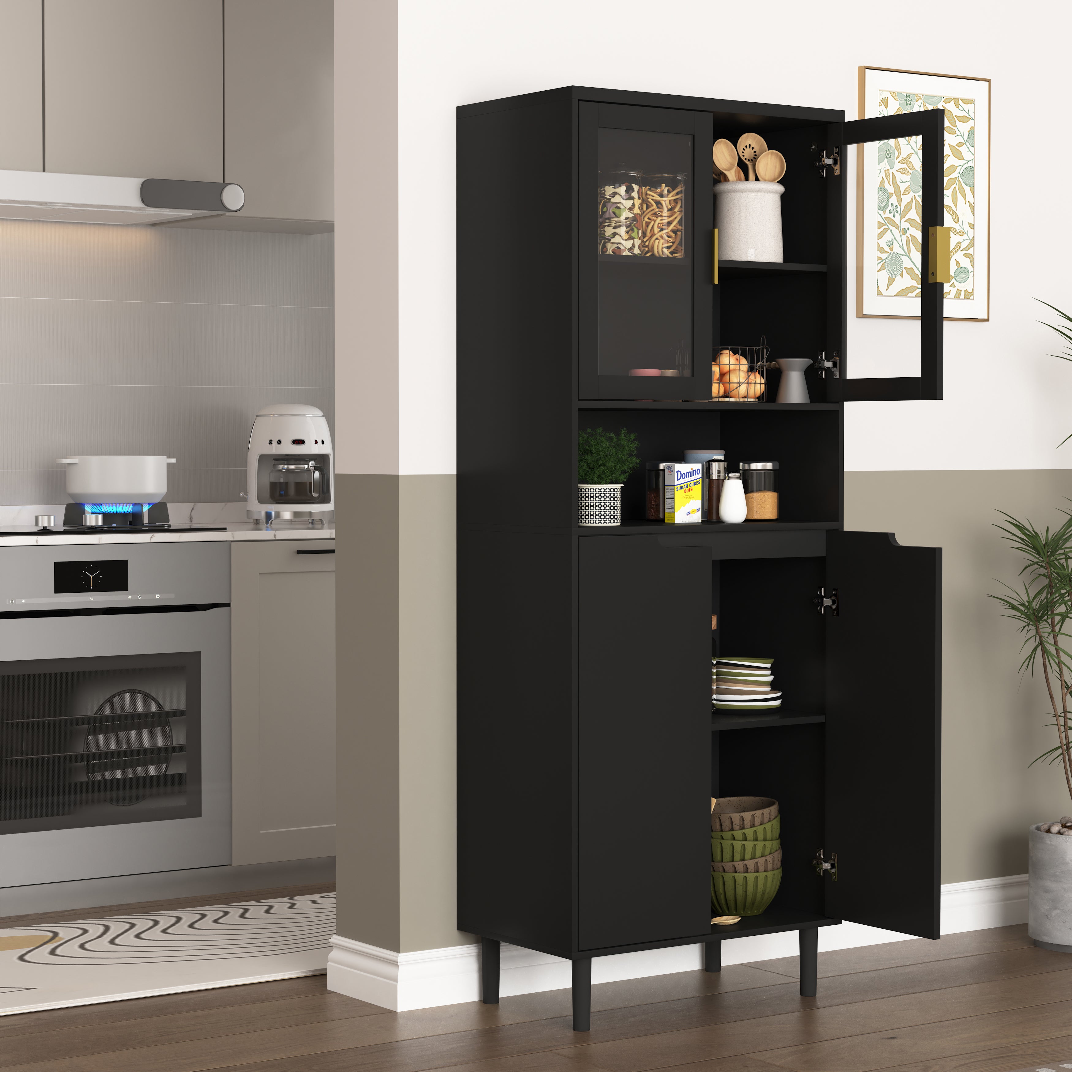 Tall Bookcase 4-Door Storage with Tempered Glass and Adjustable Shelf - Black MDF