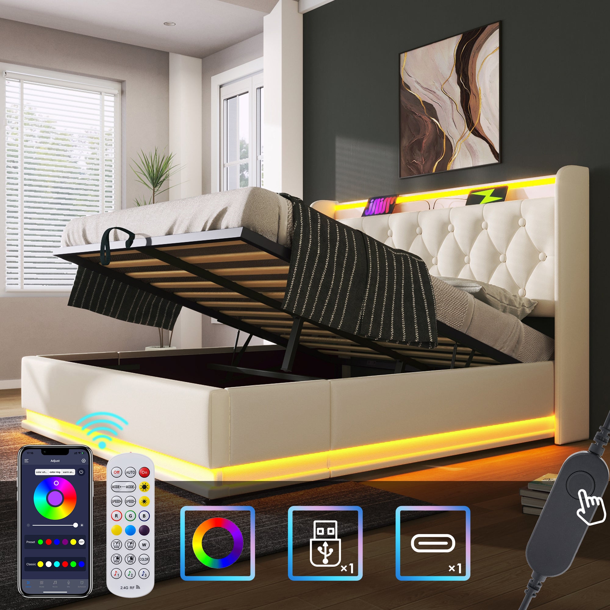 Upholstered King Ottoman Bed, 360 Surround LED, Hydraulic Storage, Charging Function, White PU