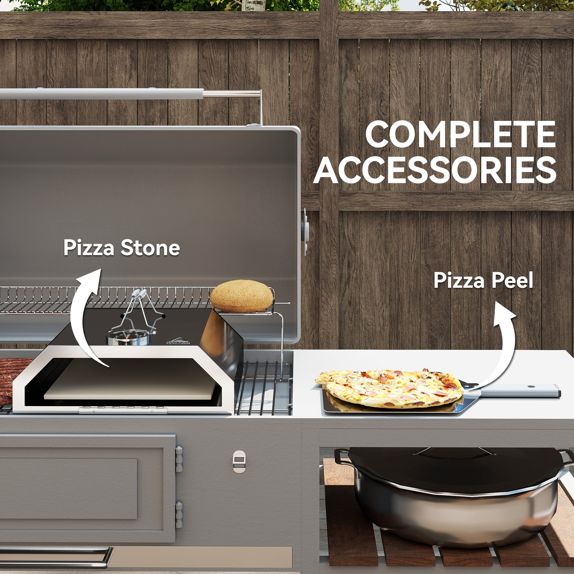 Portable Pizza Oven, 8 in BBQ Grill Top with Thermometer and Stone/Peel, Stainless Steel/Silver Tone