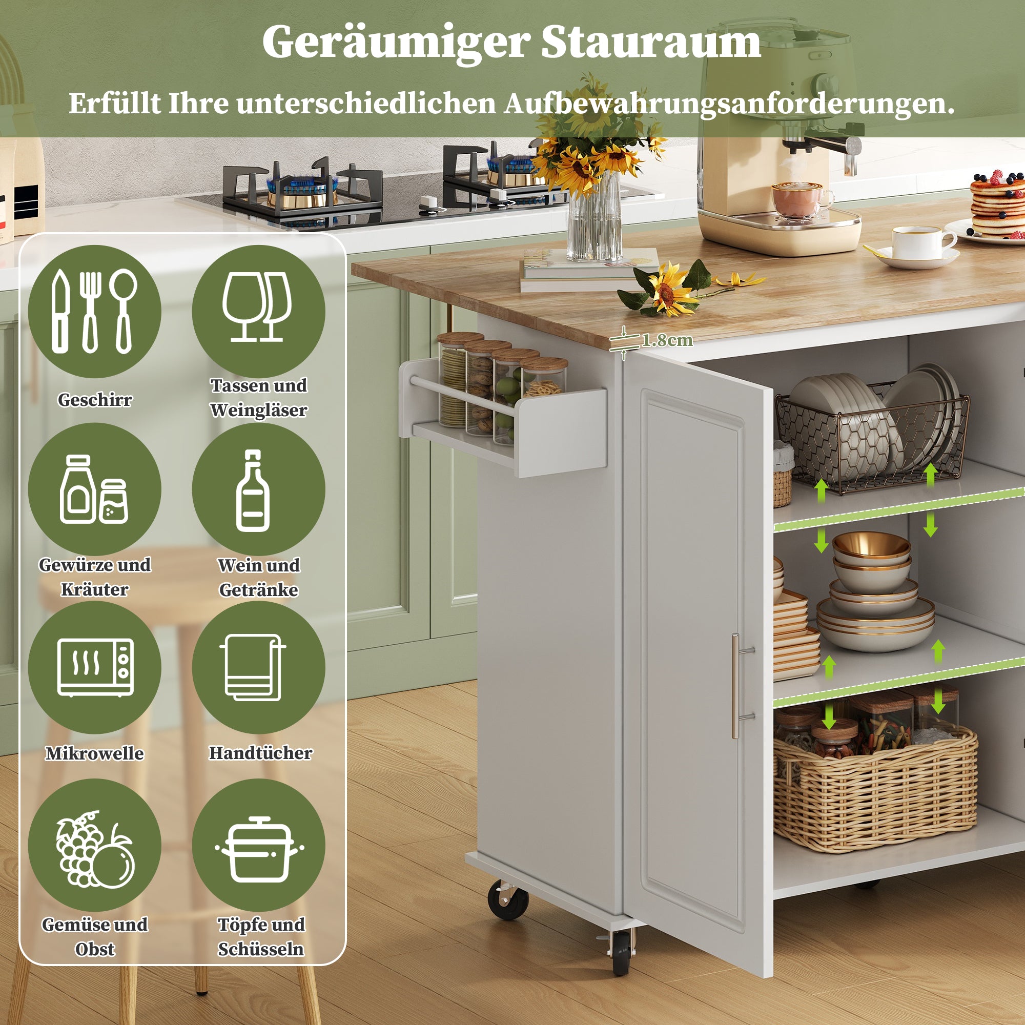 Mobile Kitchen Table with Foldable Oak Worktop and 3 Drawers, Oak and White