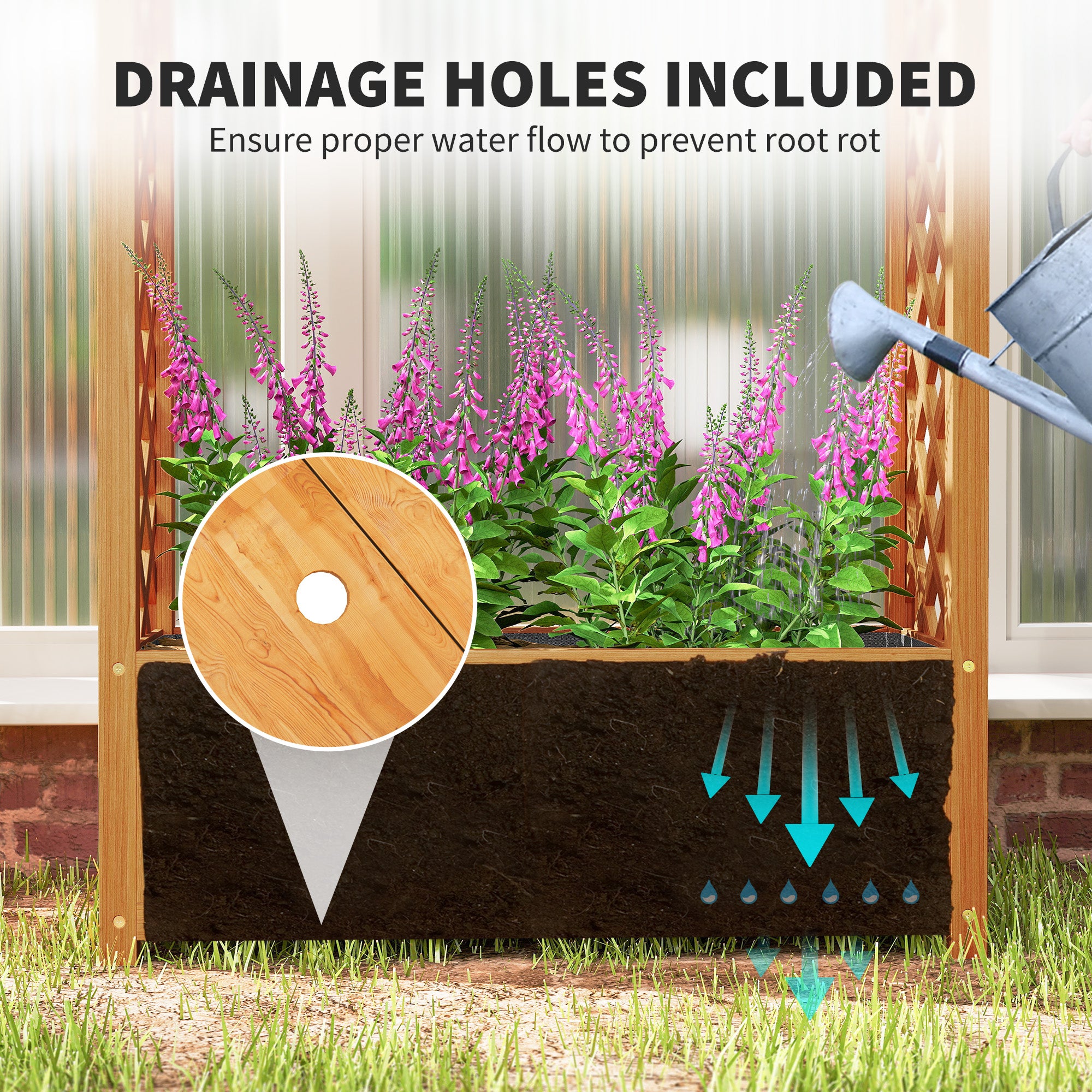 Wooden Raised Garden Bed with Trellis, Liner & Drainage for Climbing Plants, Brown Wood