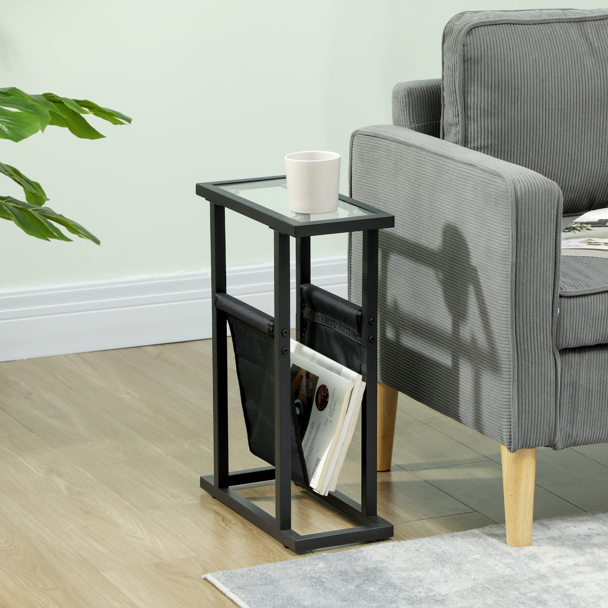 Side Table Coffee Table with Fabric Bag, Glass Top, Metal, Black