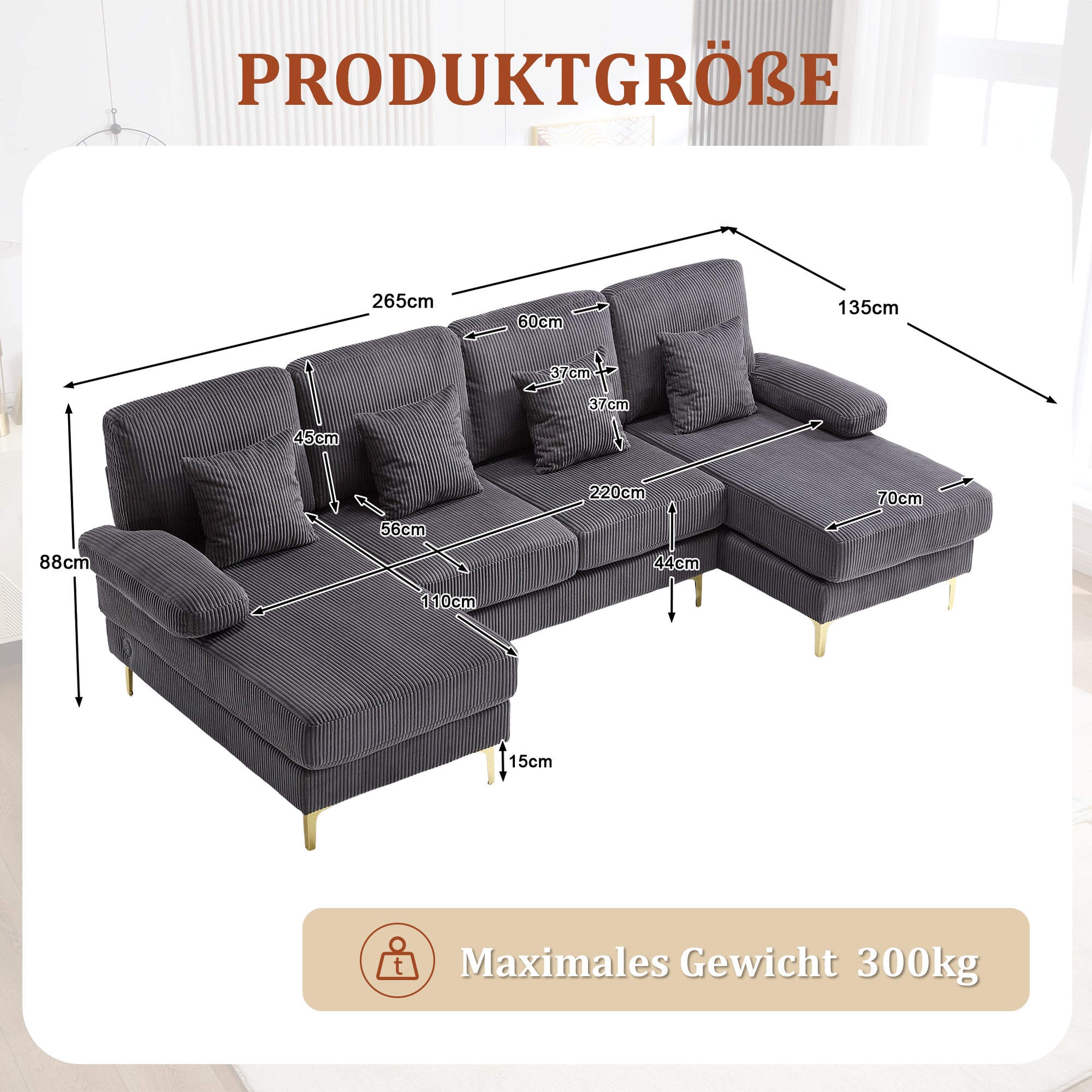 U-Shaped Sofa, LED Ambient Lighting & USB-C Port, Solid Wood Frame, Grey