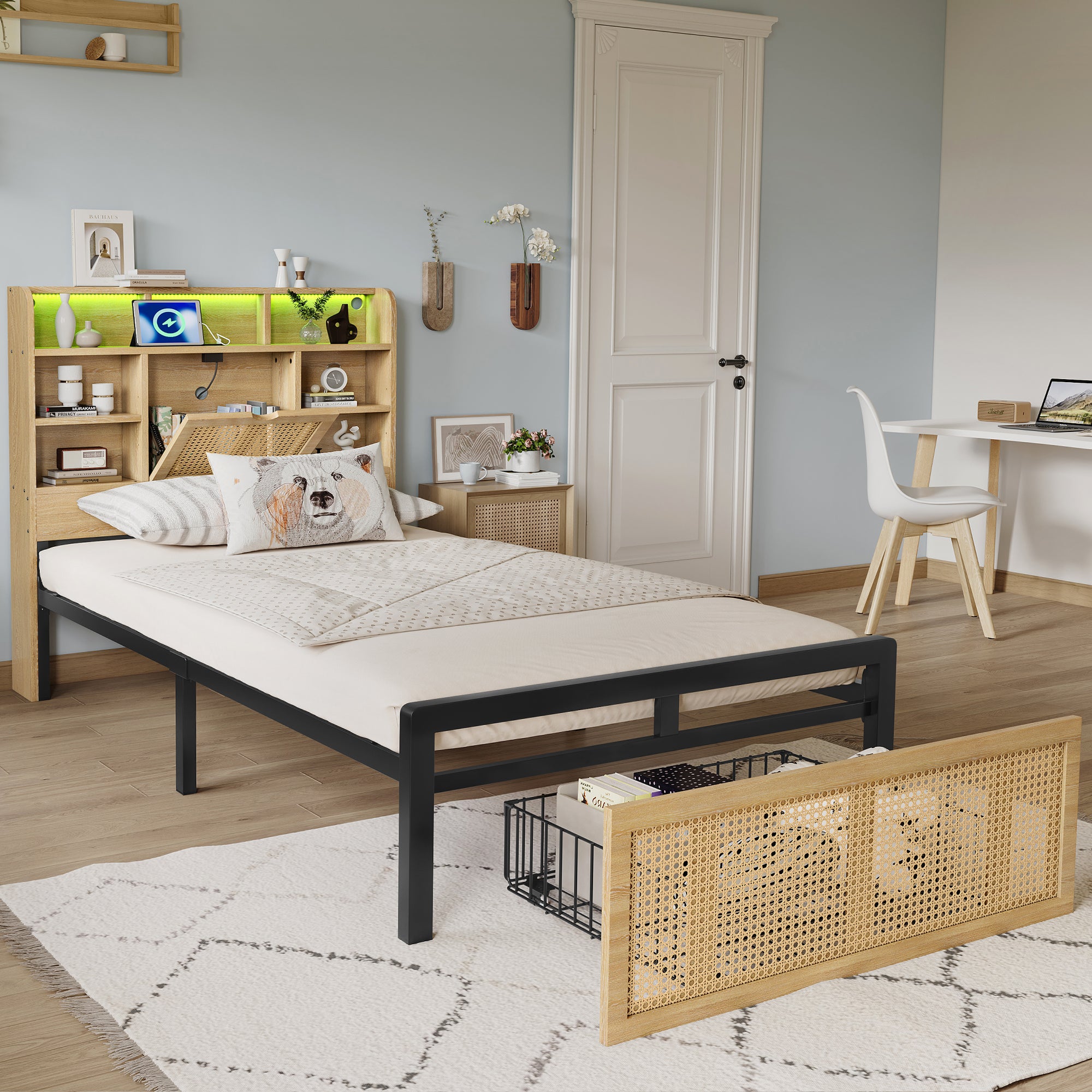 Wooden Bed, 3ft Single, LED Light, Charging Port & Storage, Wood Colour