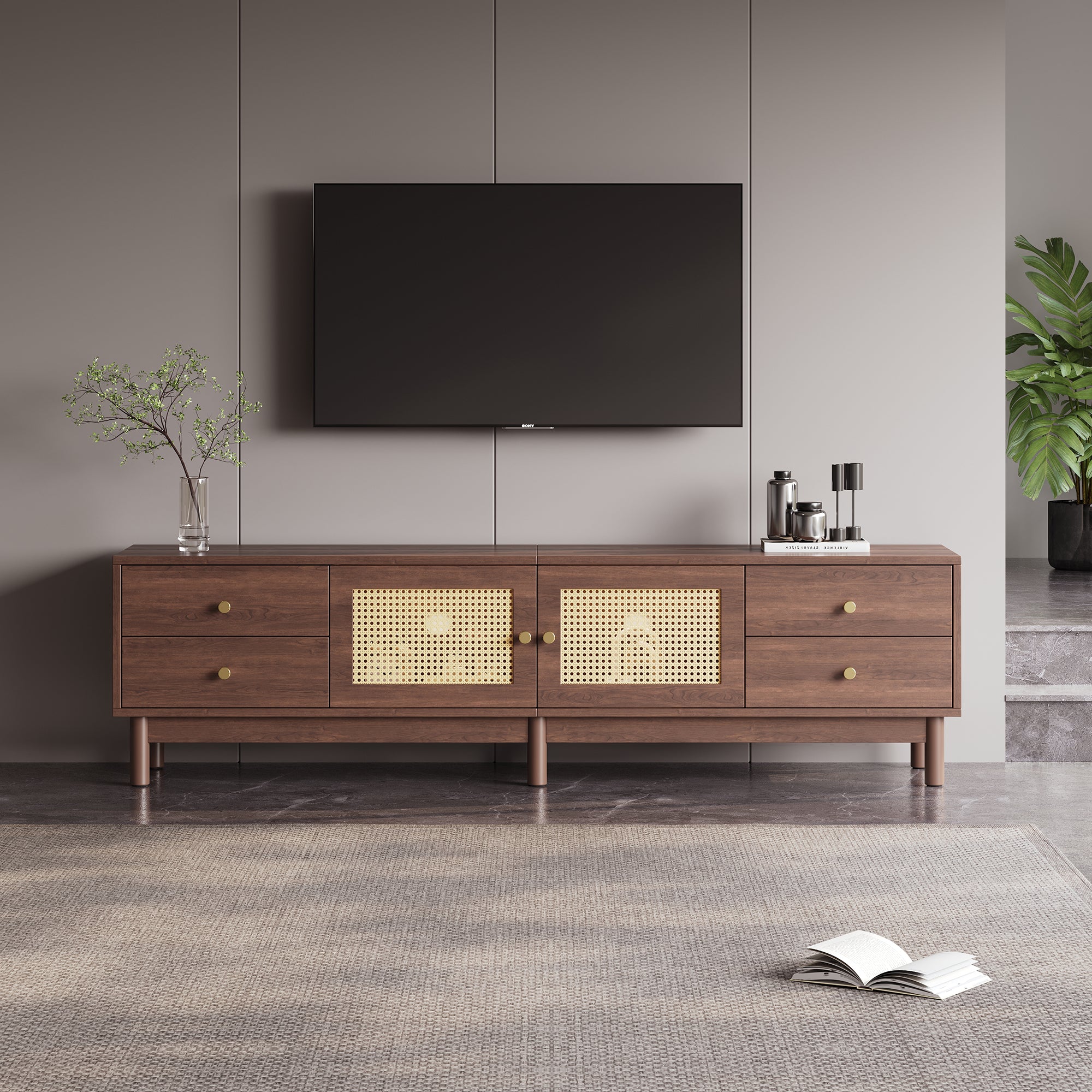 TV Cabinet, 180cm with Rattan Doors, 4 Drawers, Cable Management, Dark Wood