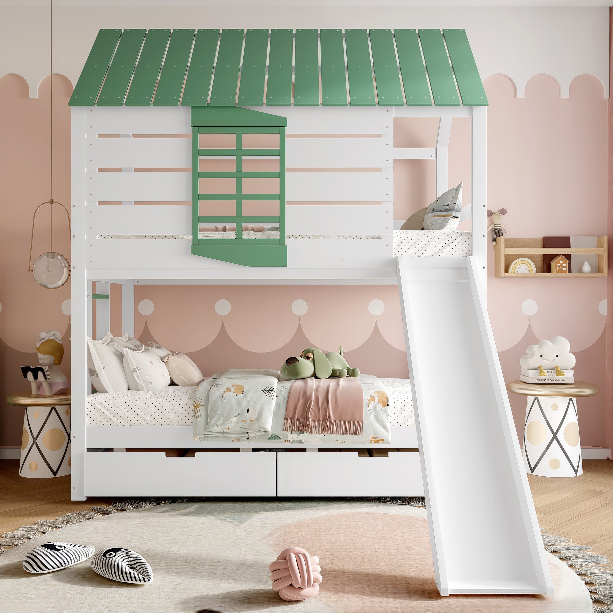 90X200 House Bunk Bed with Slide and 2 Drawers, White+Green