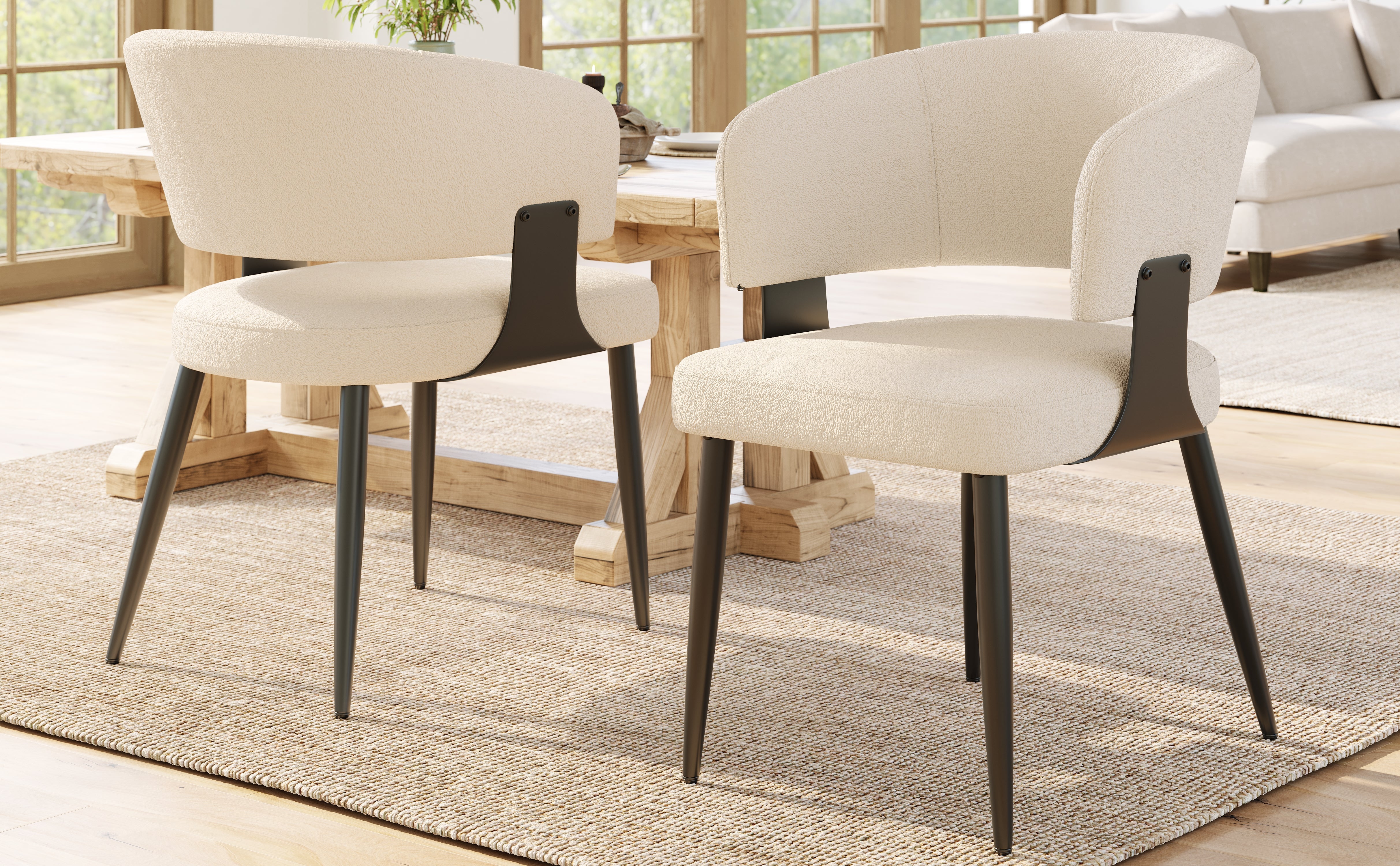 Ergonomic Dining Chair Set of 2 with Curved Backrest, Beige/Grey Flannel