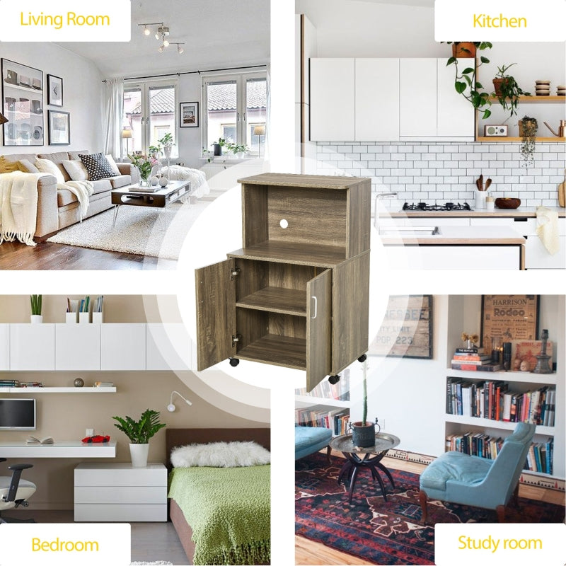 Kitchen Storage Unit, Microwave Stand Trolley Cabinet with Locking Wheels, Oak Tone