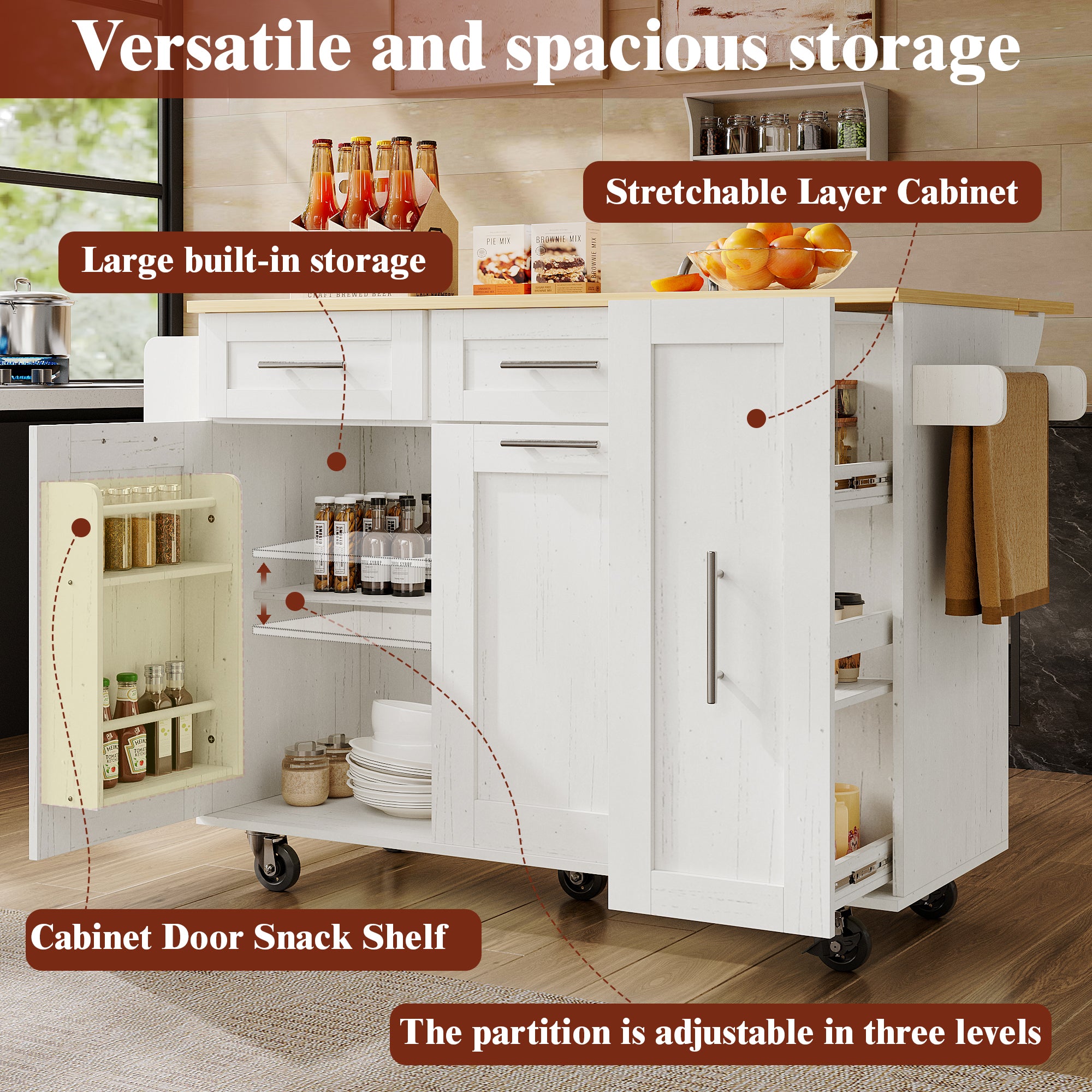 Dining Cart Kitchen Island - Multifunctional Extendable Table Storage - White Wood Grain