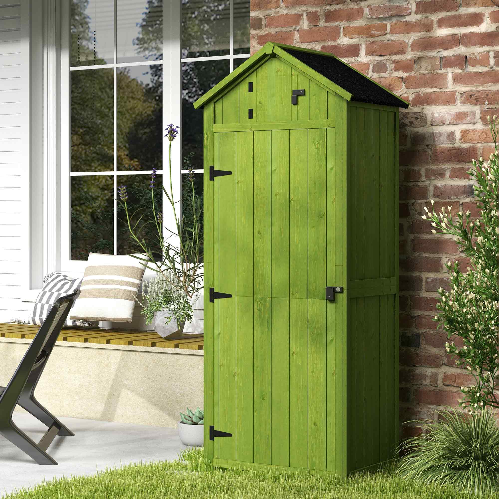 Small Shed, Tall Slim Garden Shed with 3 Removable Shelves, Wooden Green
