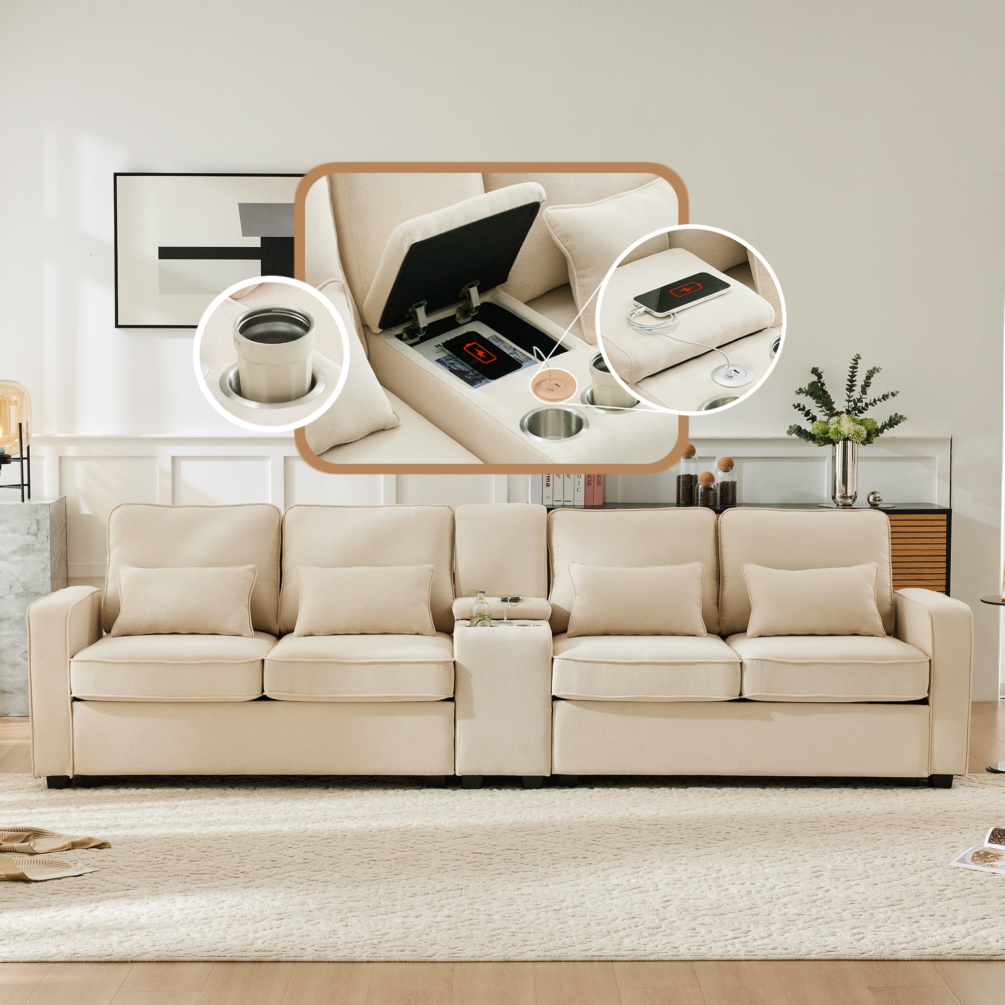 Sofa, 4-Seater with Console, Cup Holders, USB Ports, Linen Fabric