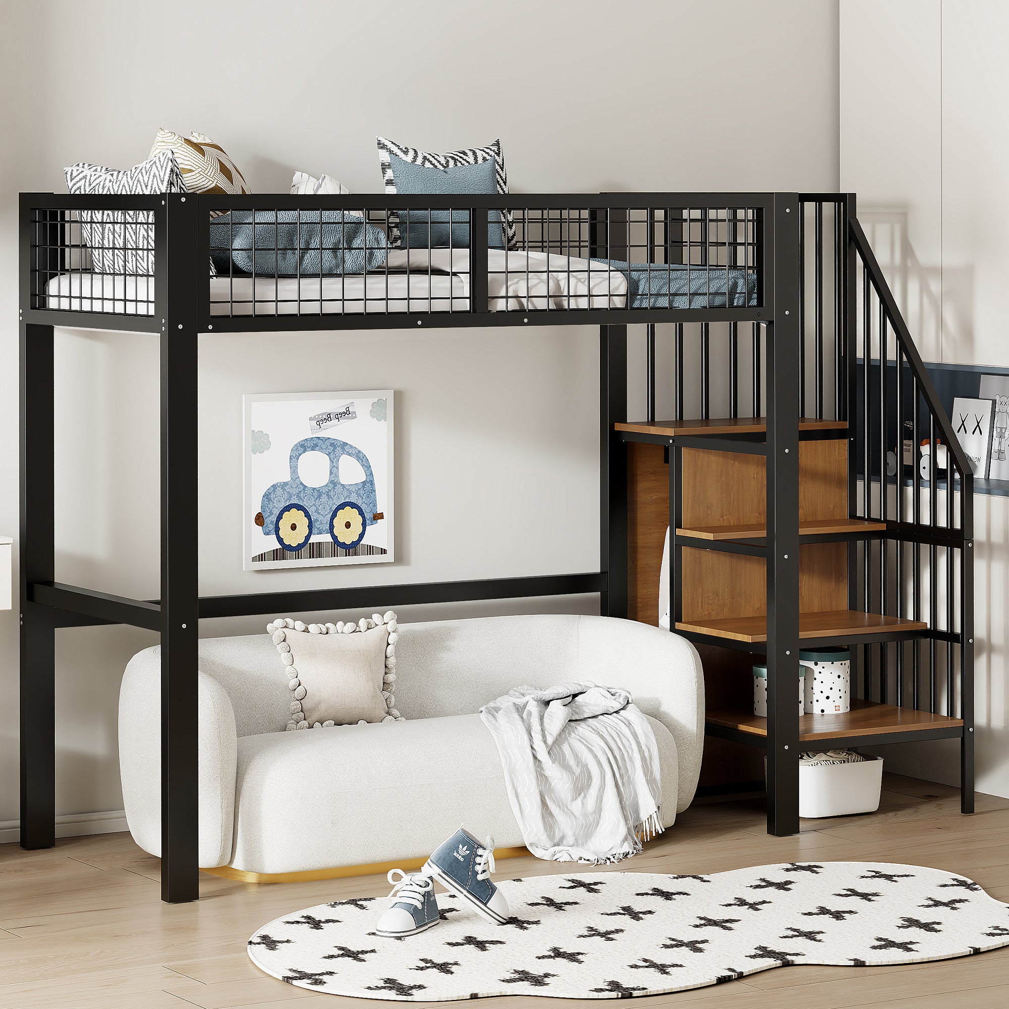 Loft Bed, 90x200 with Ladder & Storage, Iron Frame, Black