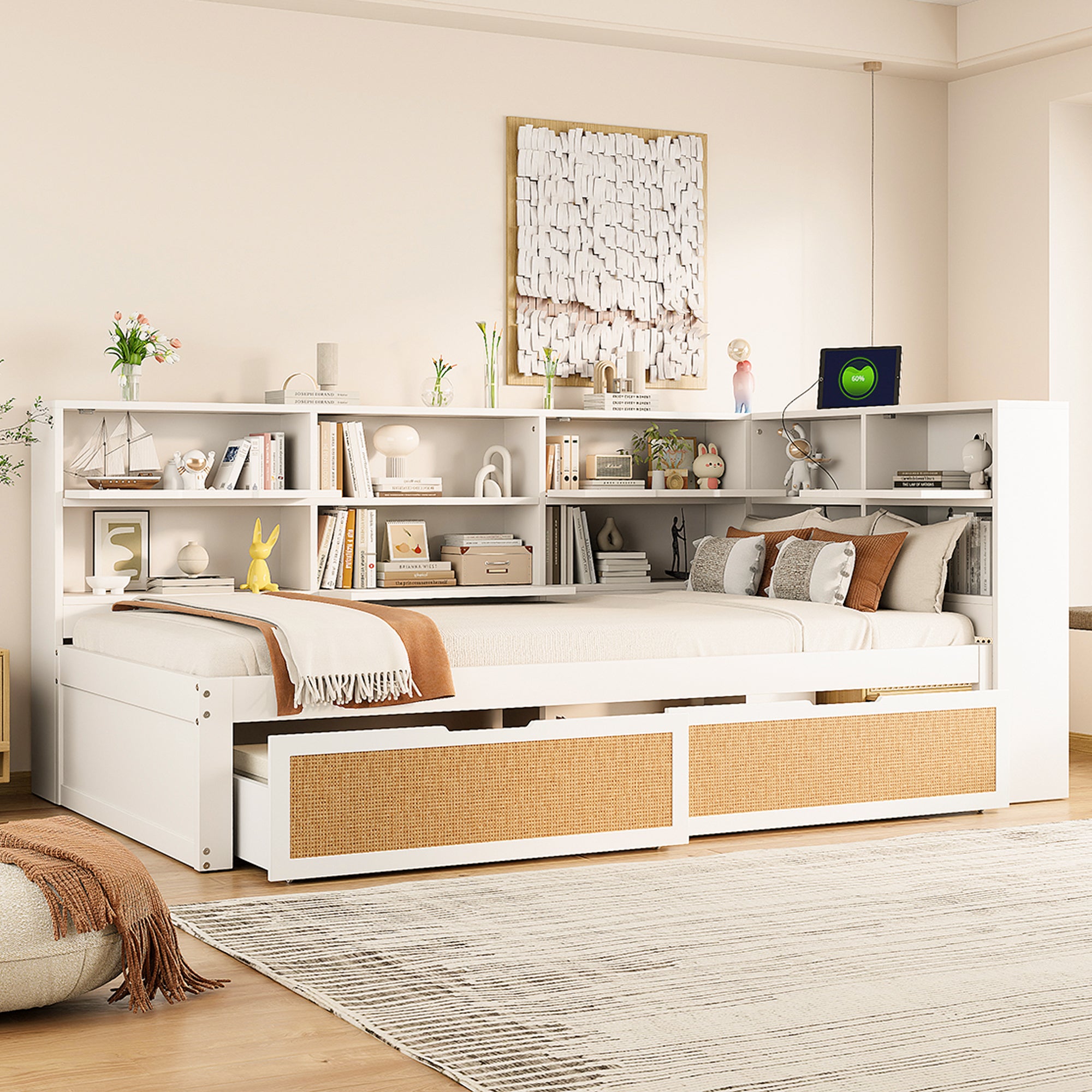 Sofa Bed, 90x200cm Multifunctional Single Bed with Drawer & Charging Port, White Solid Wood