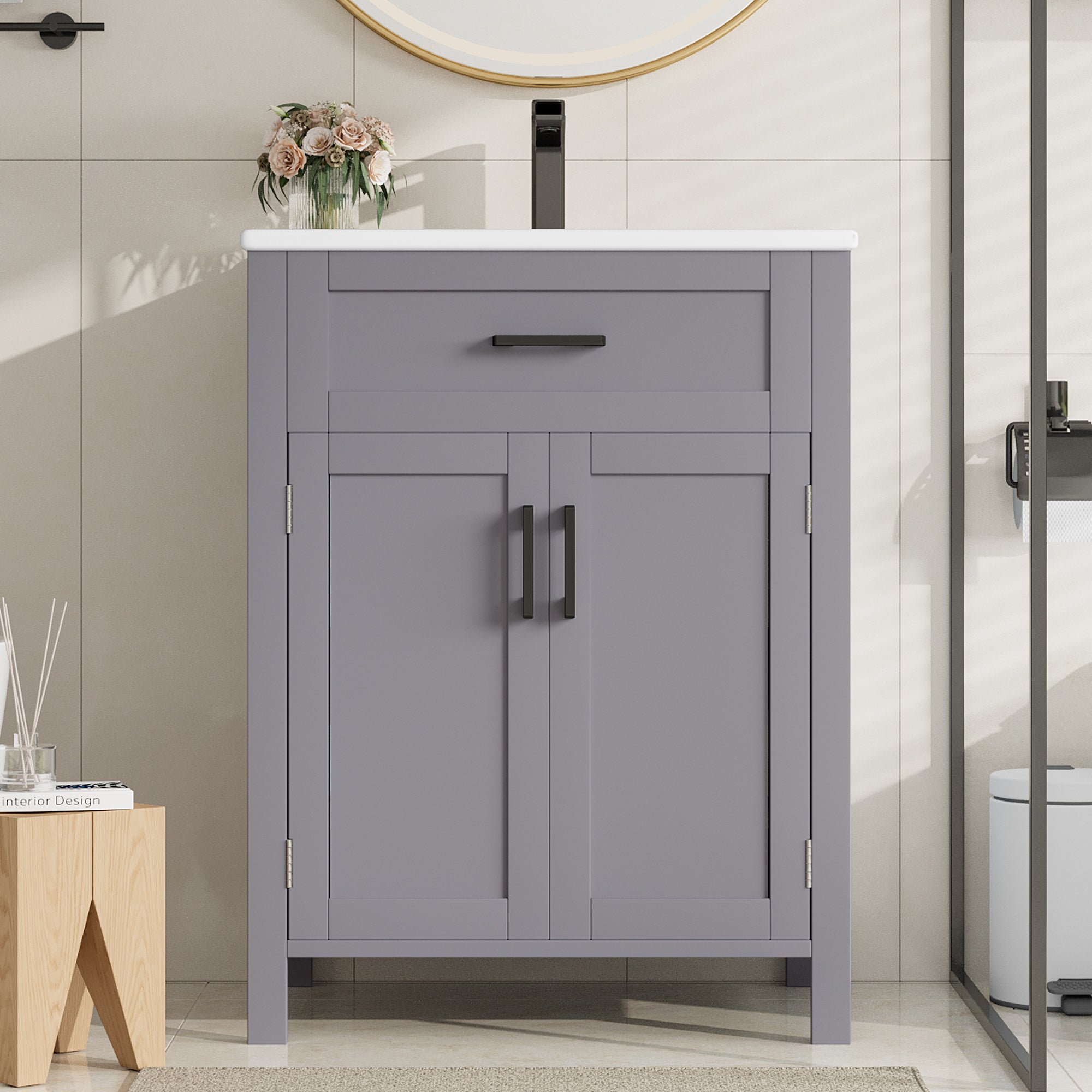 Bathroom Vanity Unit with Integrated Ceramic Sink and Storage Shelves, Grey