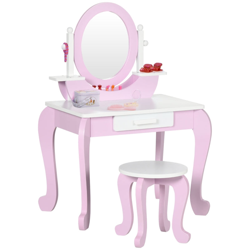 Kids Dressing Table Set with Mirror Stool for Ages 3-6 Years Pink