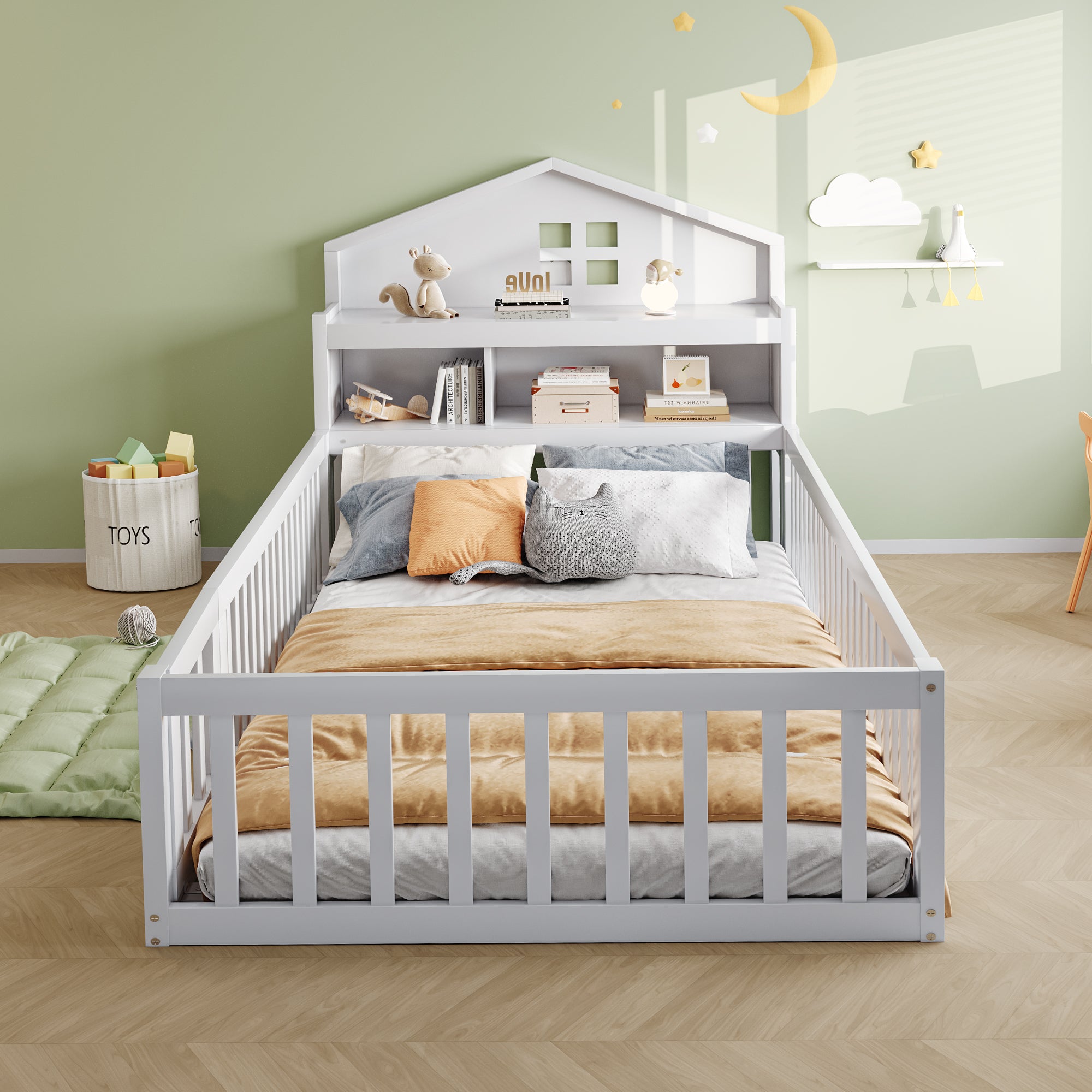 Children's Bed 90x200, Solid Wood Frame with Shelves, Storage, Safety Gate & Door, White