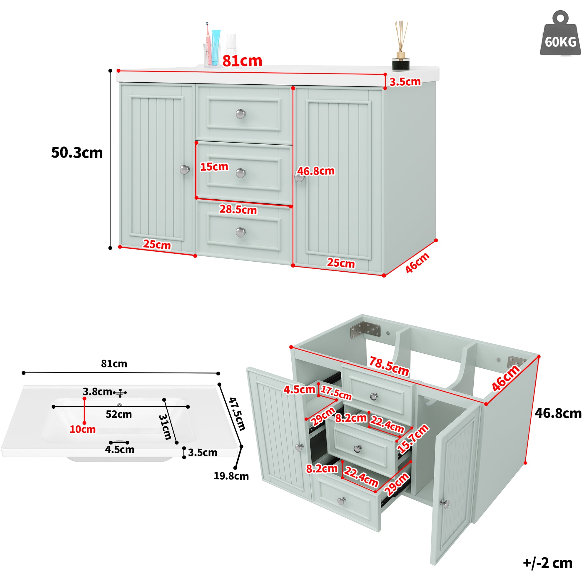 Wall-Mounted Vanity Unit with Sink & 3 Drawers 78.5x46.8cm - Green